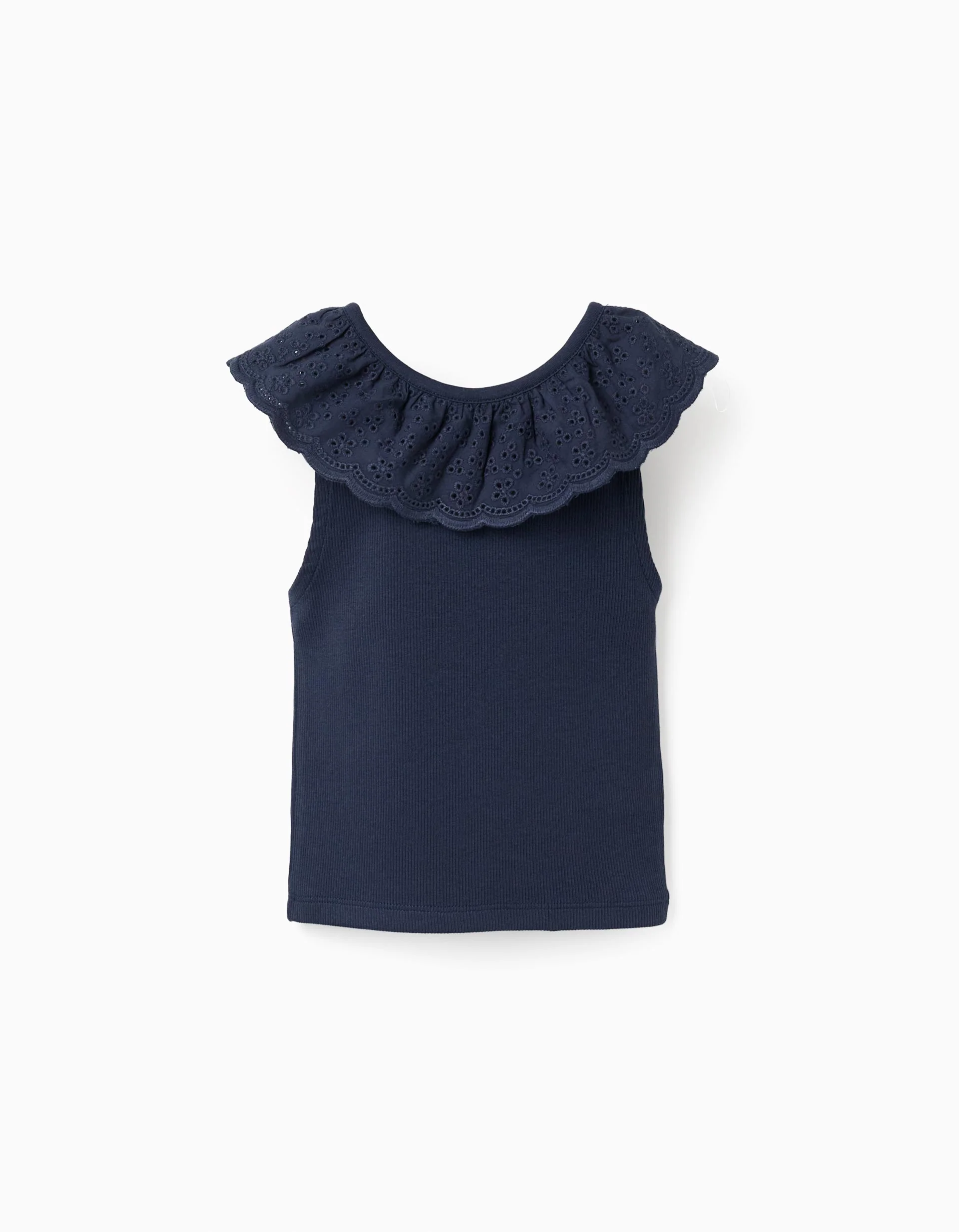 Cotton sleeveless top with embroidered collar for girls, dark blue