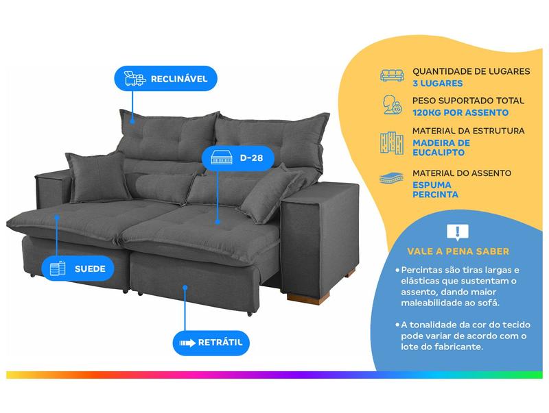 Sofá 3 Lugares Retrátil Reclinável Suede Parma JW Estofados