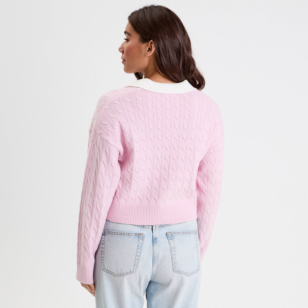 Pull manches longues col polo rose clair femme
