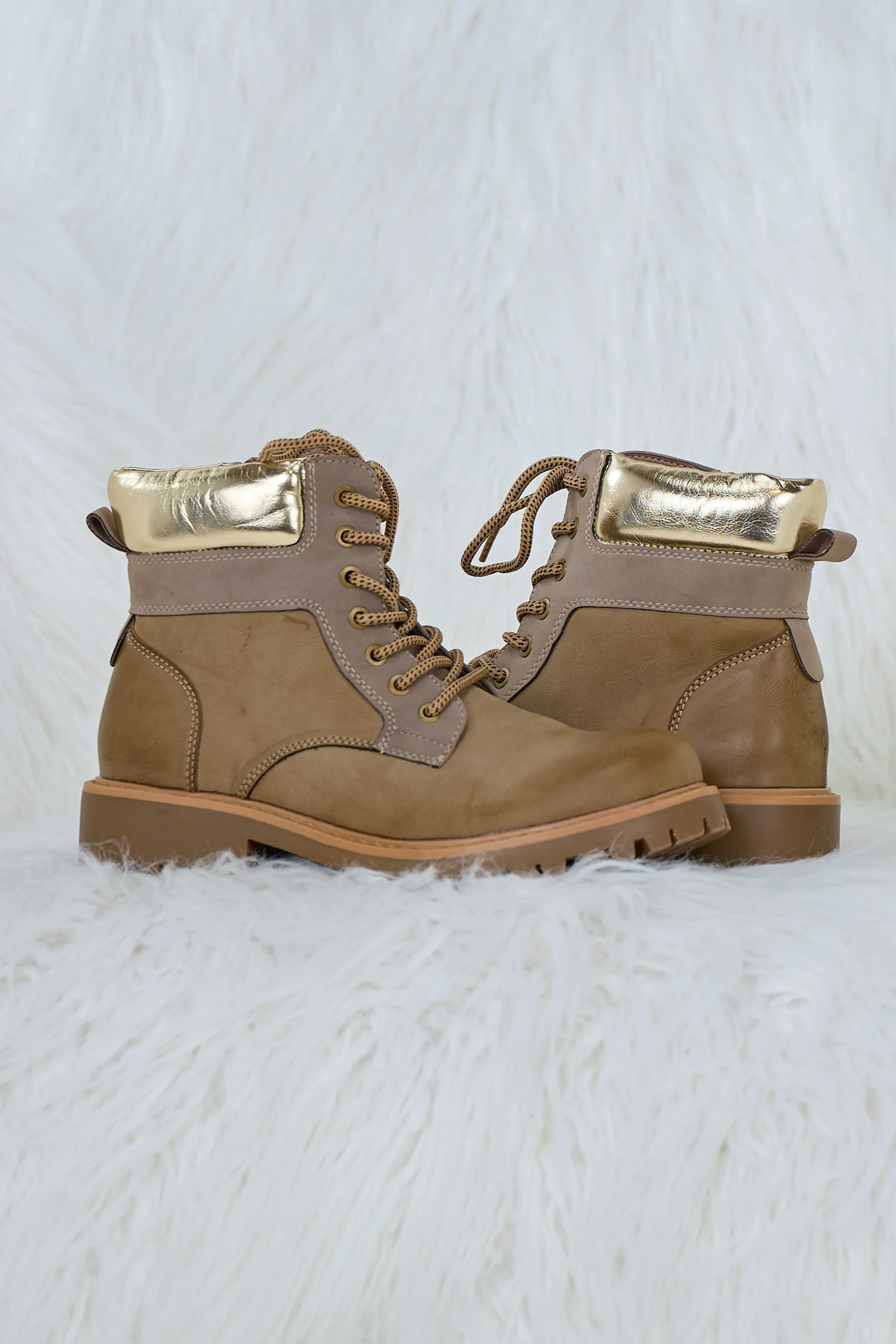 gefütterter Schnürbootie, taupe-braun-gold