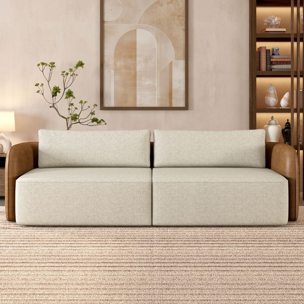 Sofá 3 Lugares Sala Living Orgânico 220cm Oregon K01 Couríssimo Whisky Linho Champanhe - Lyam Decor