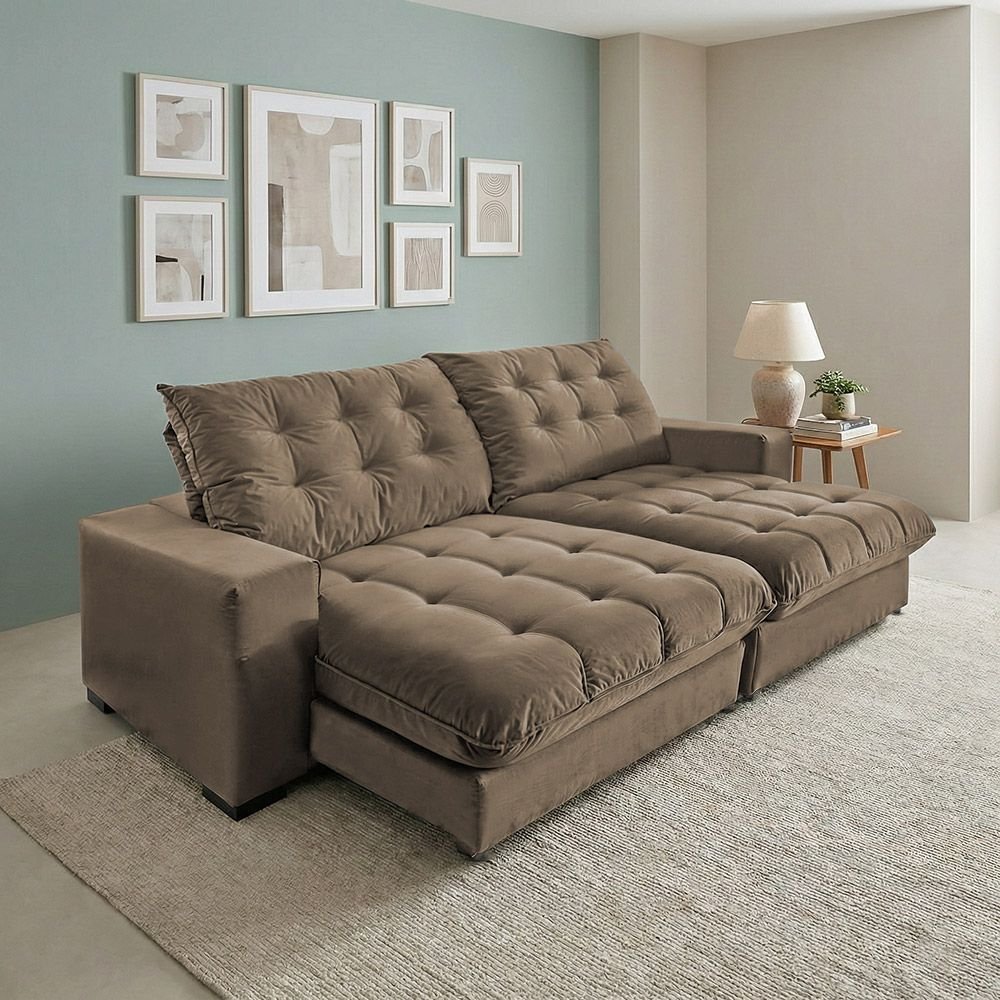 Sofá Califórnia Retrátil e Reclinável 3 Lugares 2,10m com Molas Ensacadas e Pillow Castor