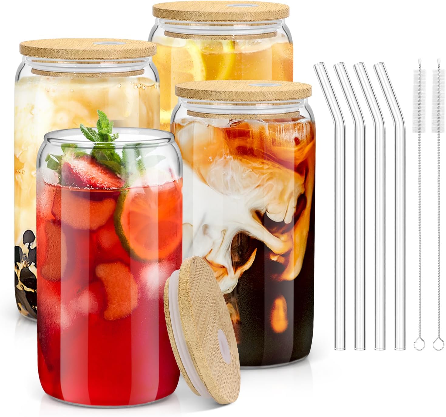 4PCS Glass Cups with Bamboo Lids and Straws  16OZ Ice Coffee Cup  Drinking Cup set with Wooden Lids  Home Essential Glass Tumblers for Beer  Cocktail  Tea and Latte Clear