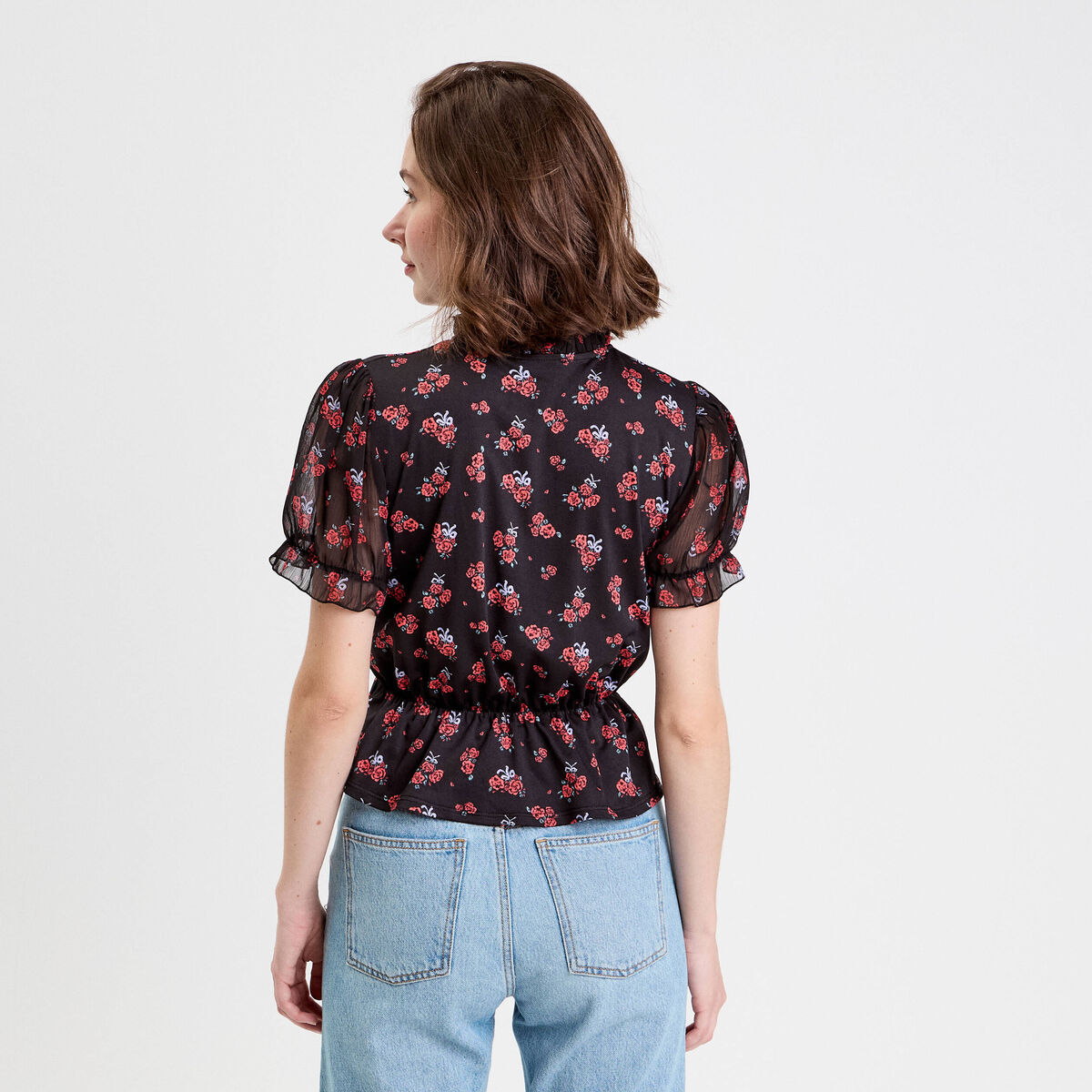 Blouse col V manches courtes noir femme