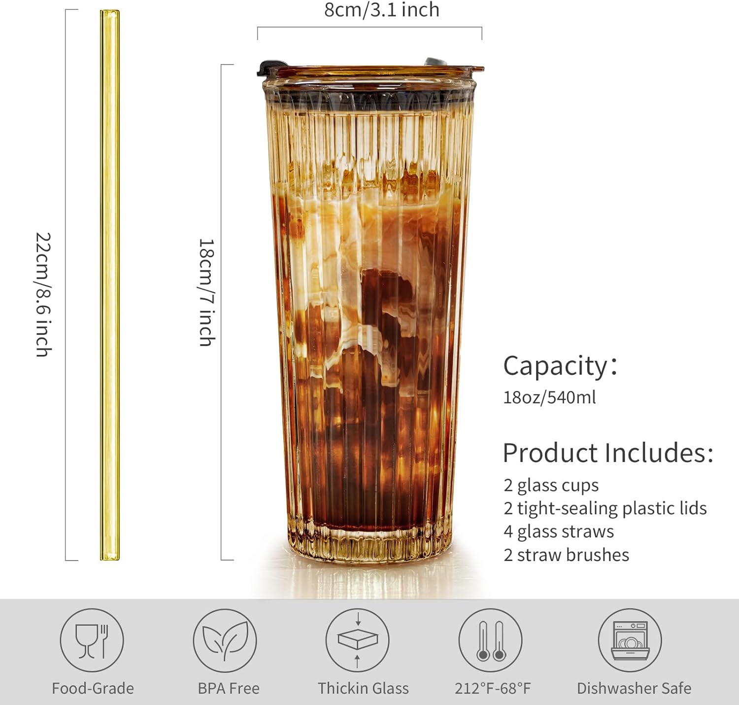 2 Pack 18oz Glass Cups with Lids and Straws  Vintage Ribbed Striped Thickened Glassware for Whiskey Cocktail Beer  Mason Jar Drinking Glasses Tumbler Iced Coffee Cup  Amber