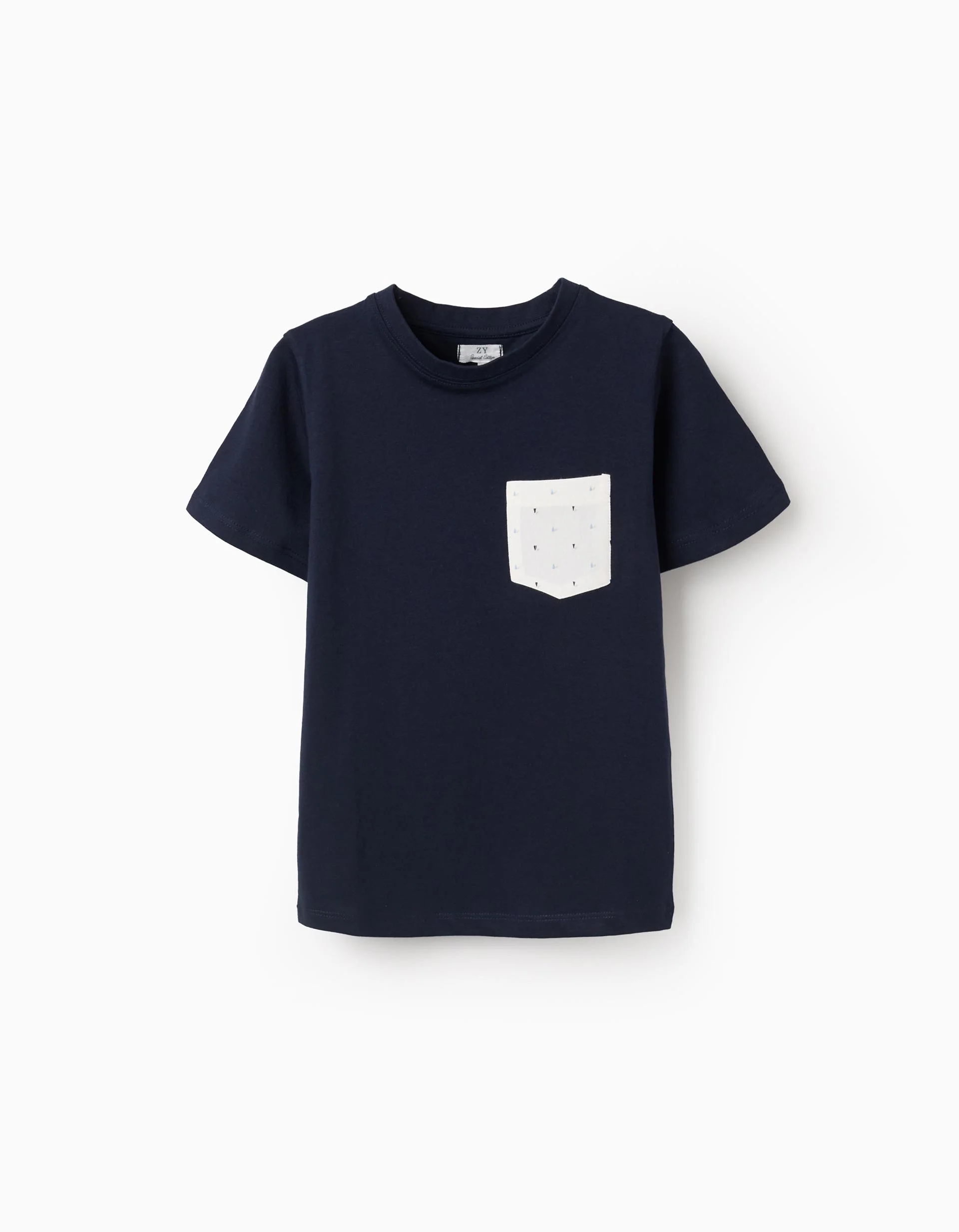 Cotton T-shirt with printed chest pocket for boys, dark blue