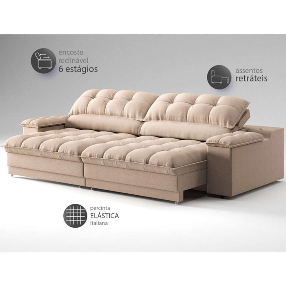 Sofá 3 Lugares Retrátil e Reclinável Helen com USB e Porta-Copos Linho Bege 230 cm em Promoção | Ofertas na Americanas