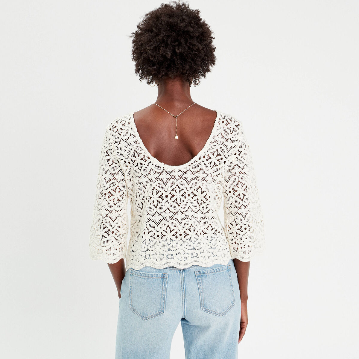 T-shirt manches 3/4 macramé ecru femme