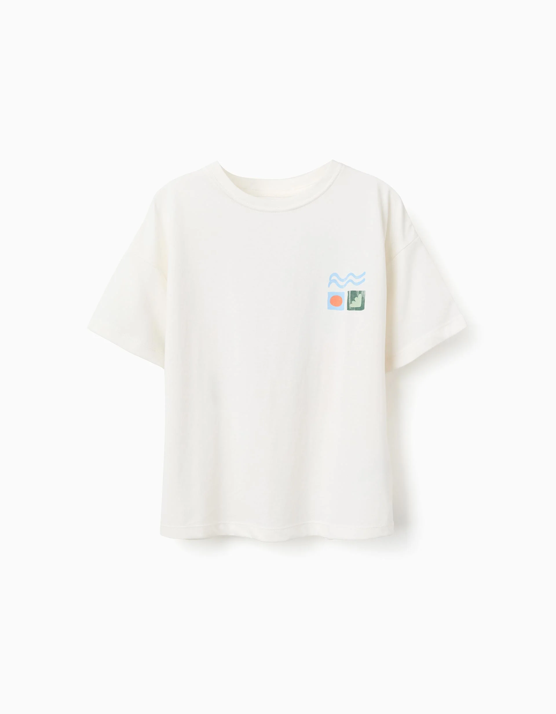Cotton T-shirt with colourful beach prints for boys, white