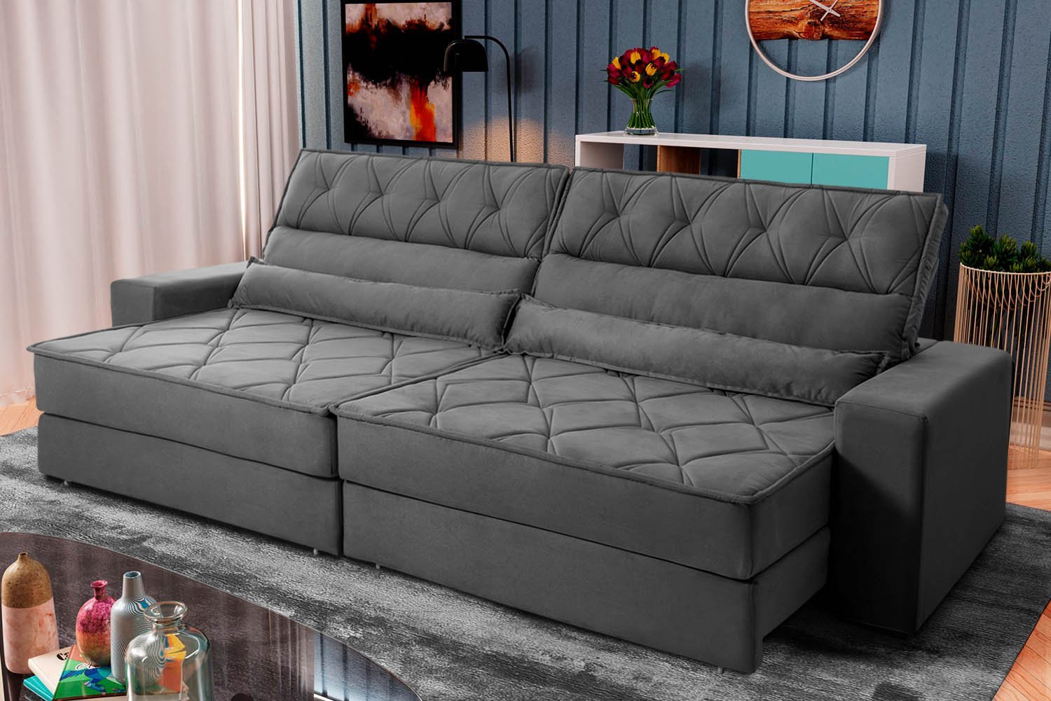 Sofá Retrátil Reclinável 250cm Albany Suede Velut com Molas Ensacadas - King House