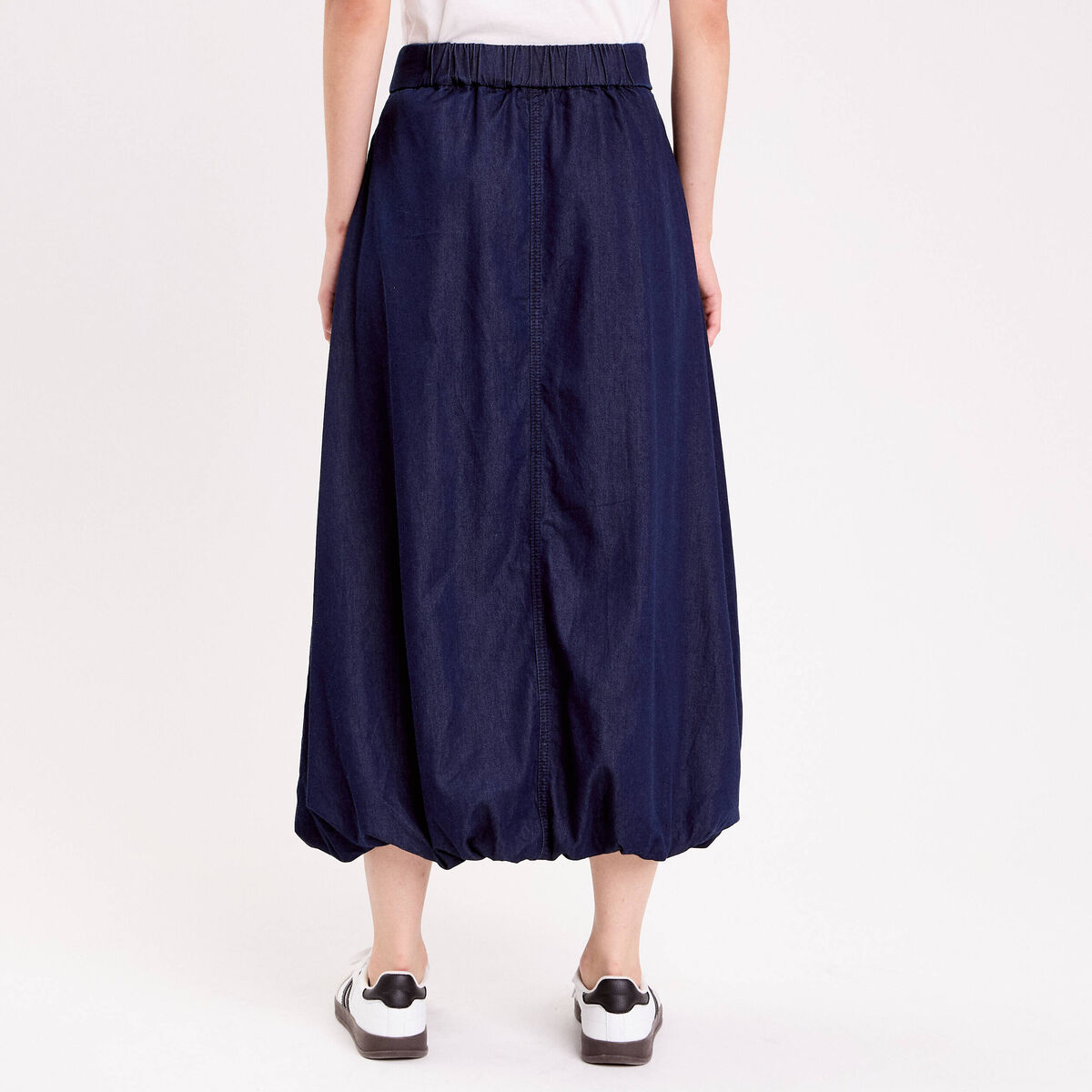 Jupe longue évasée effet boule en jean bleu gris femme