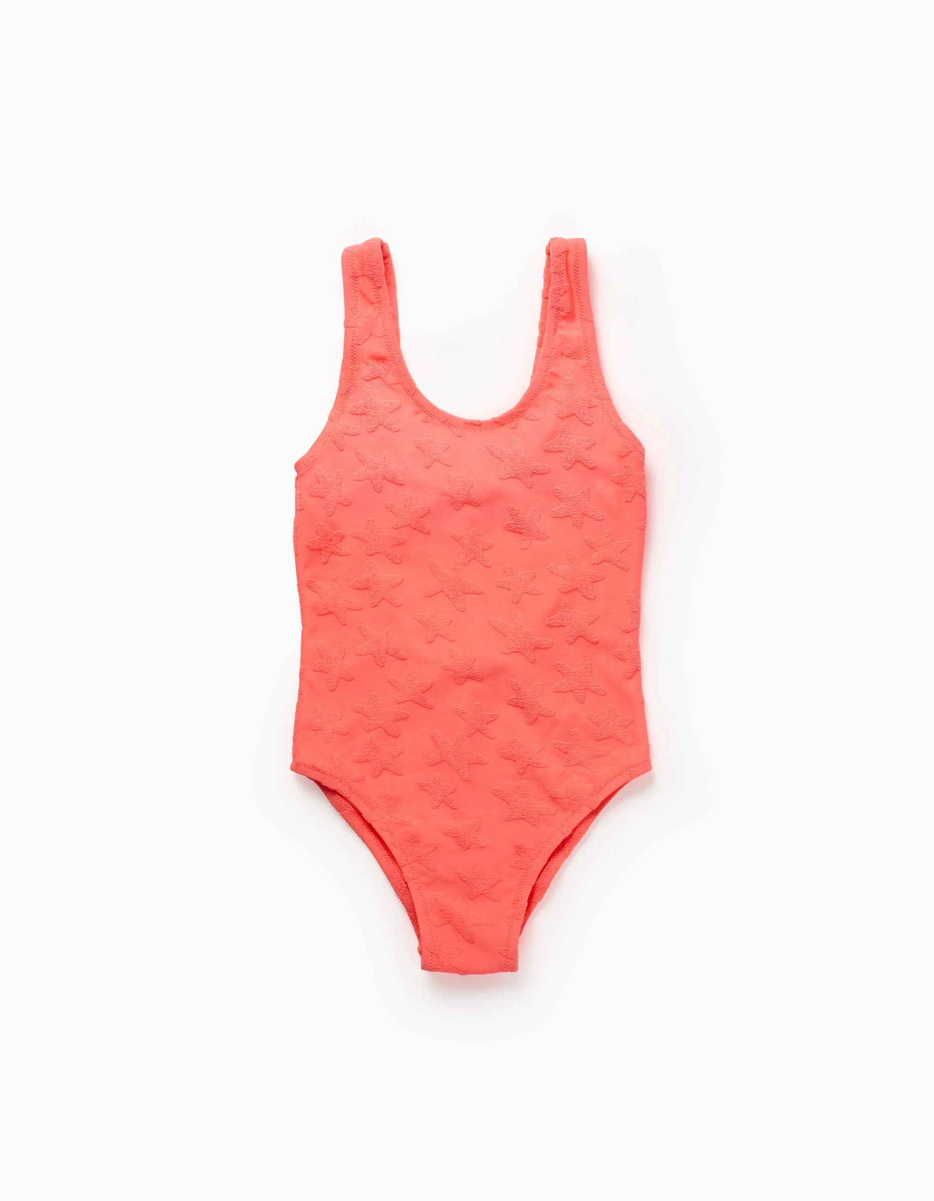 Swimsuit with star motif in bouclé for girls, neon coral