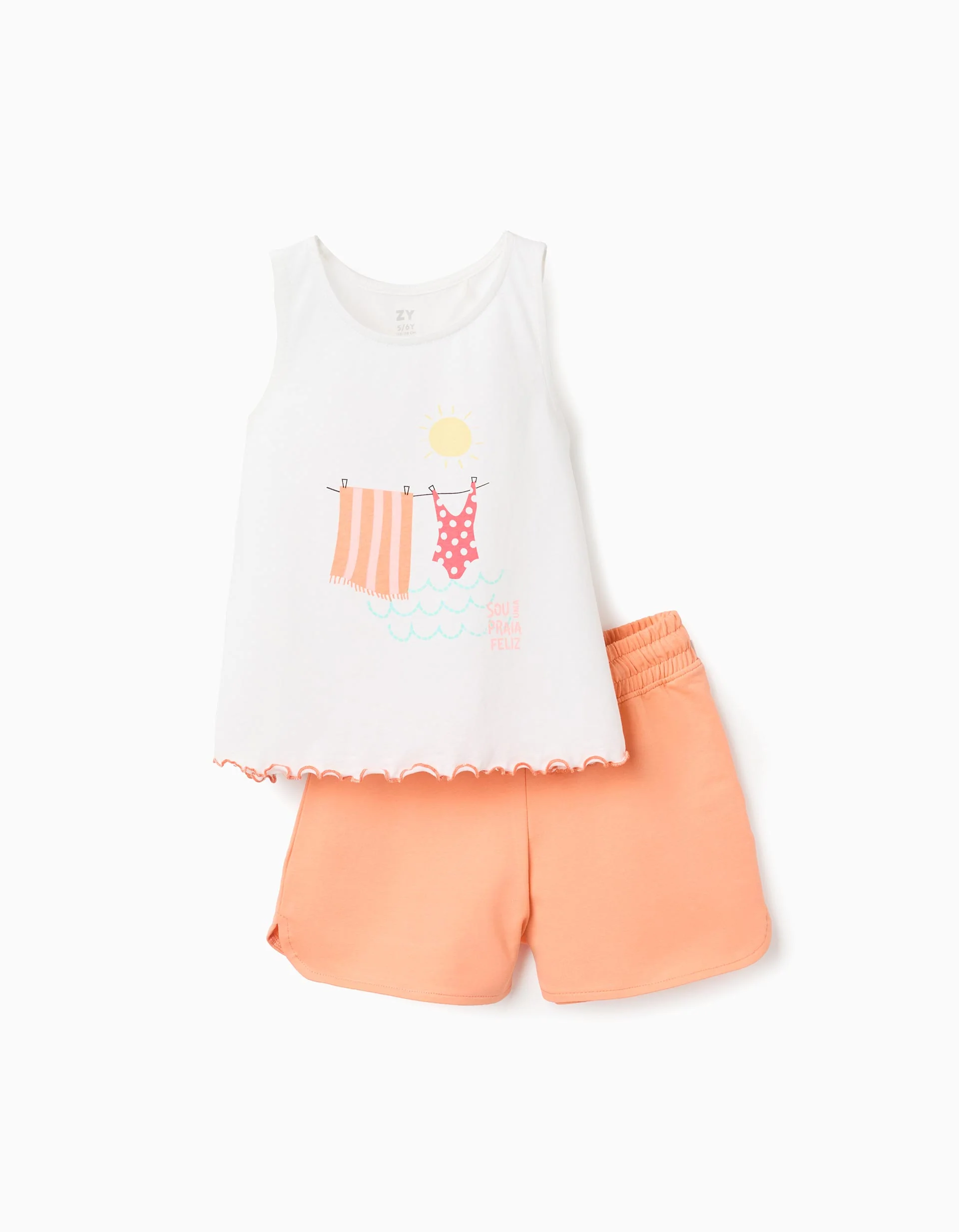 Sleeveless top + shorts in cotton for girls, white/orange