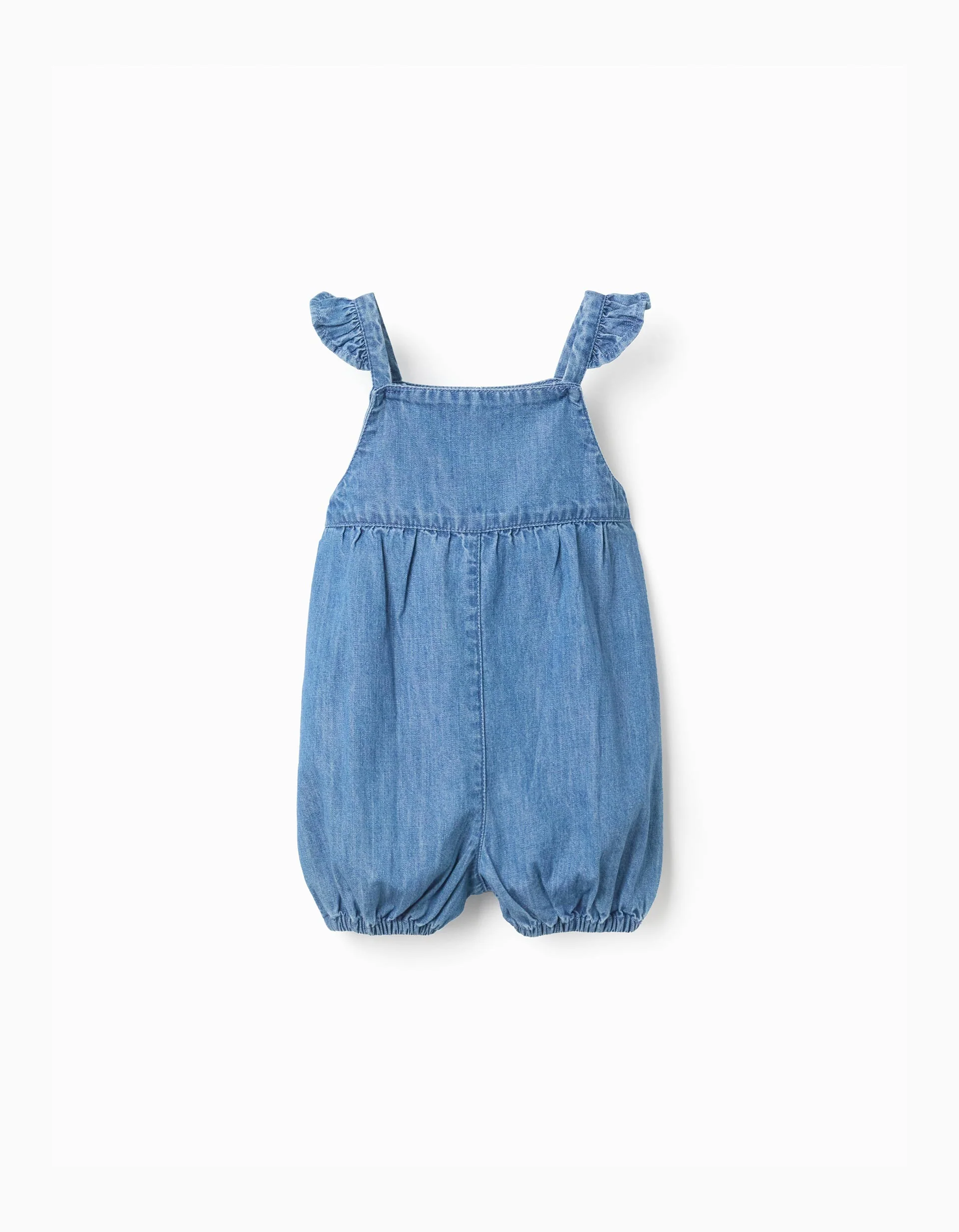 Sleeveless denim jumpsuit with embroidered flower for baby girls, blue