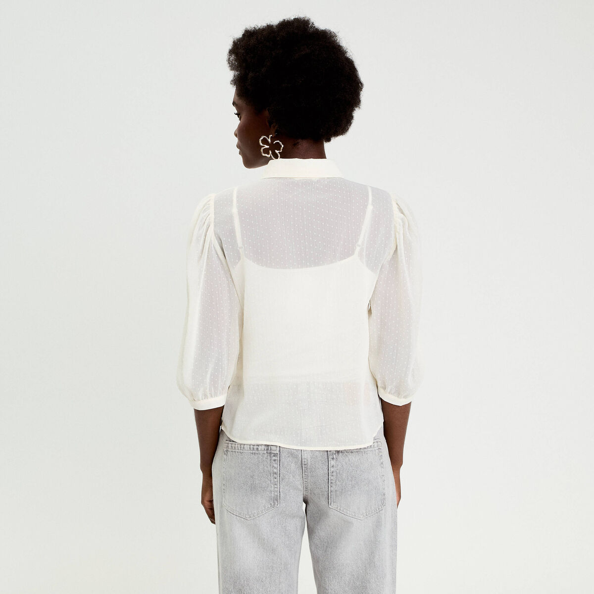 Chemise droite courte voile manches 3/4 ecru femme