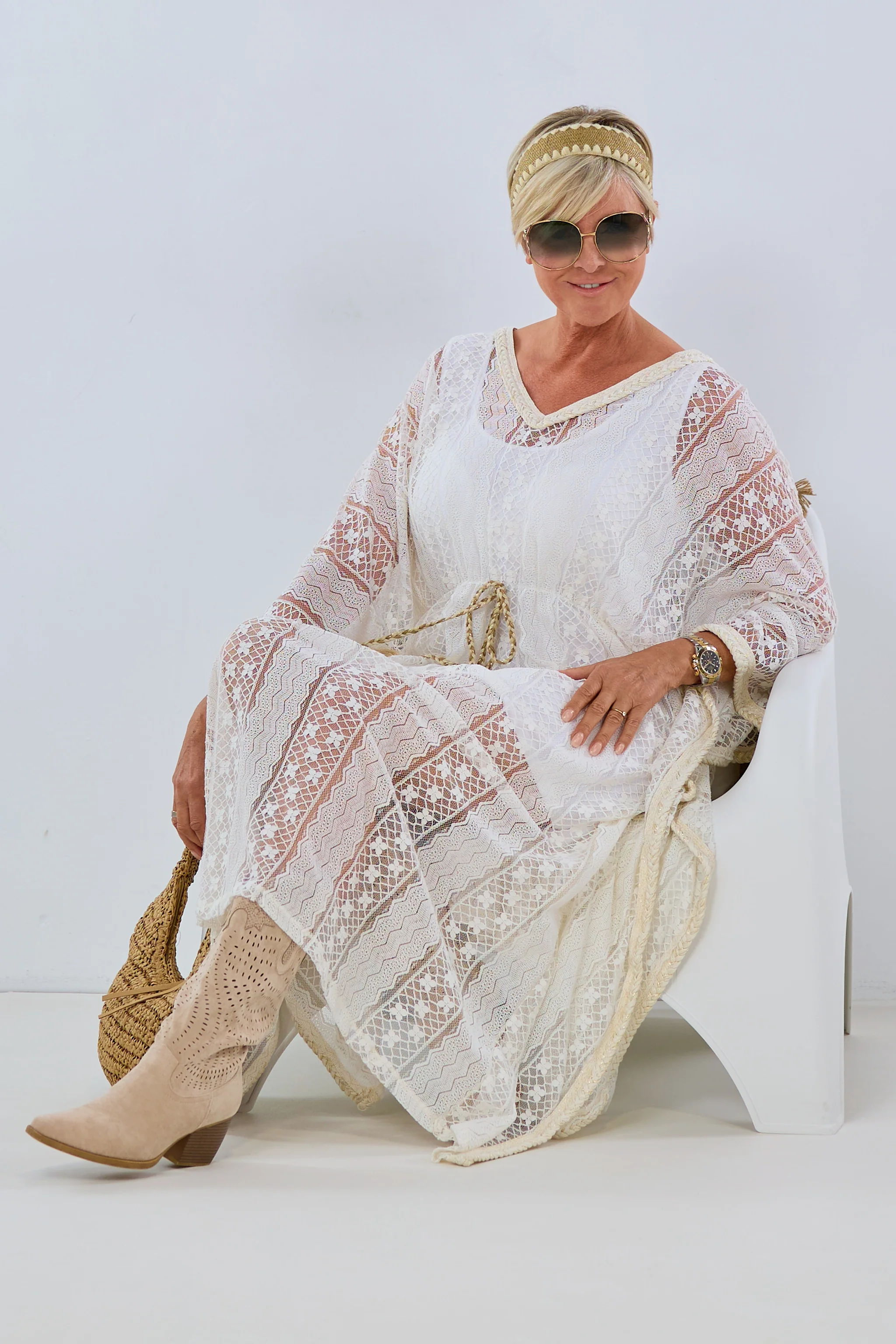 Kaftan-Spitzen-Kleid, ecru-beige