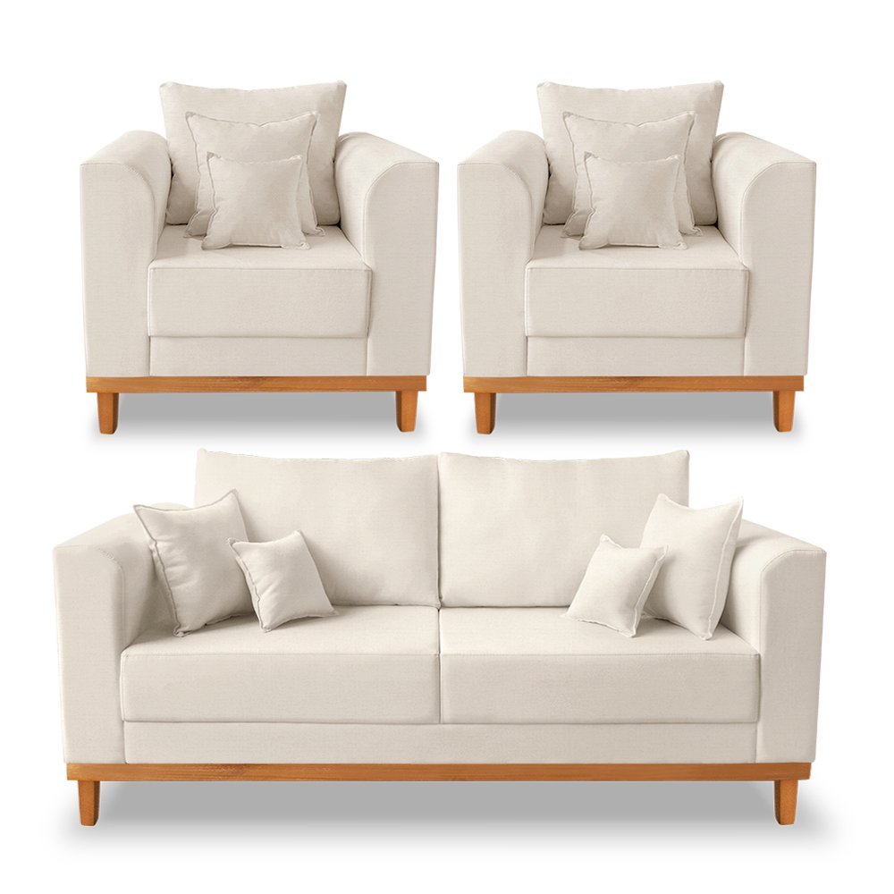 Kit Sofá 3 Lugares e 2 Poltronas Beny Viena com Base de Madeira Linho Bege - Madeira Prima Deccor