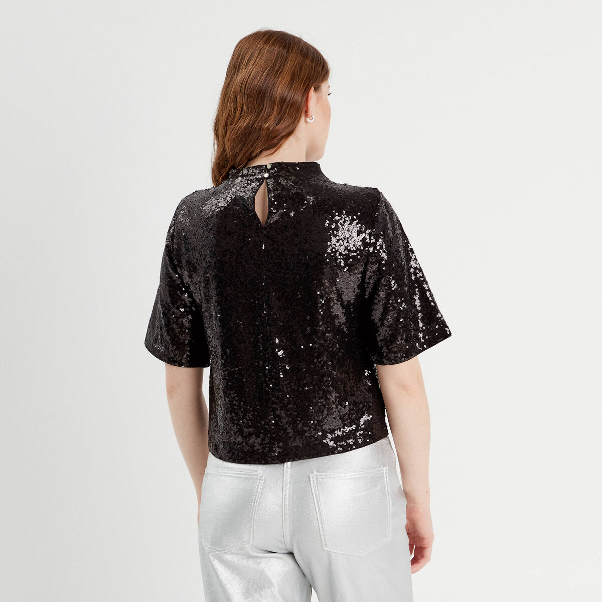 T-shirt sequins col montant noir femme