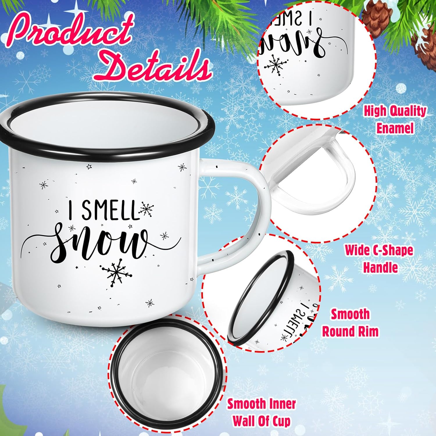 6 Pieces I Smell Snow Enamel Mugs for Christmas  Winter Snowflakes Camping Coffee Mug  Xmas Hot Chocolate With Handle for Family Friends Wife Holiday Gifts