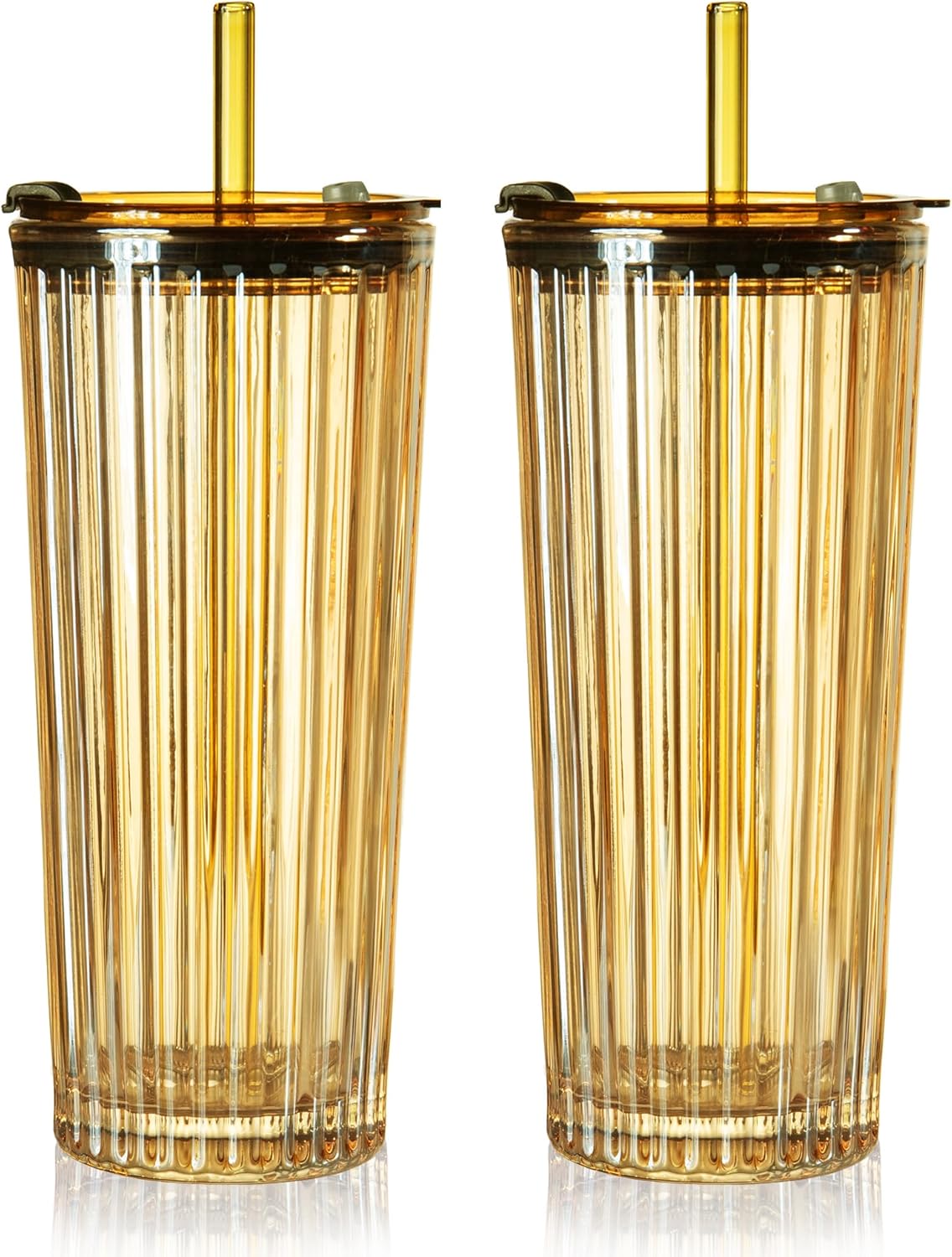 2 Pack 18oz Glass Cups with Lids and Straws  Vintage Ribbed Striped Thickened Glassware for Whiskey Cocktail Beer  Mason Jar Drinking Glasses Tumbler Iced Coffee Cup  Amber