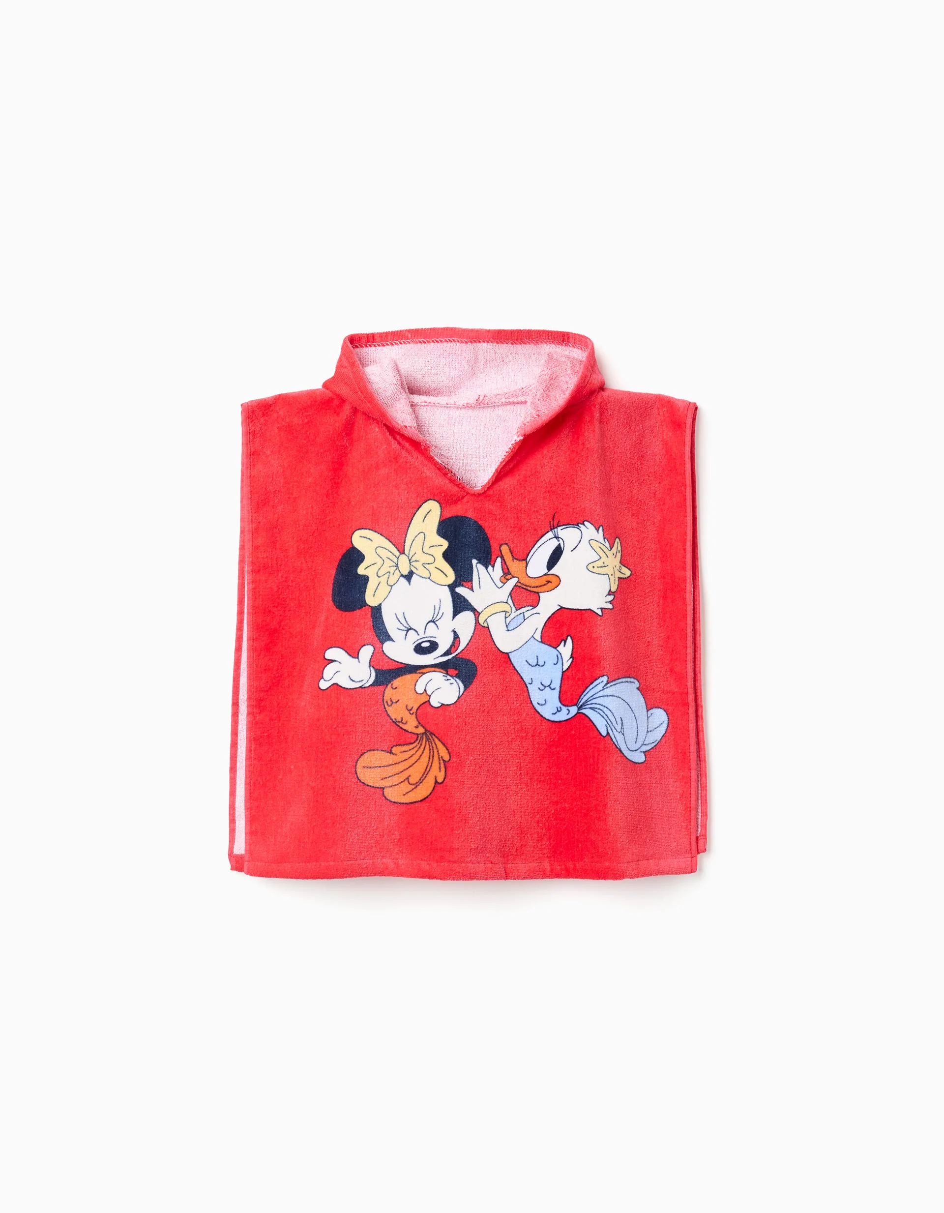 Hooded beach poncho in cotton Minnie & Daisy for baby girls, coral