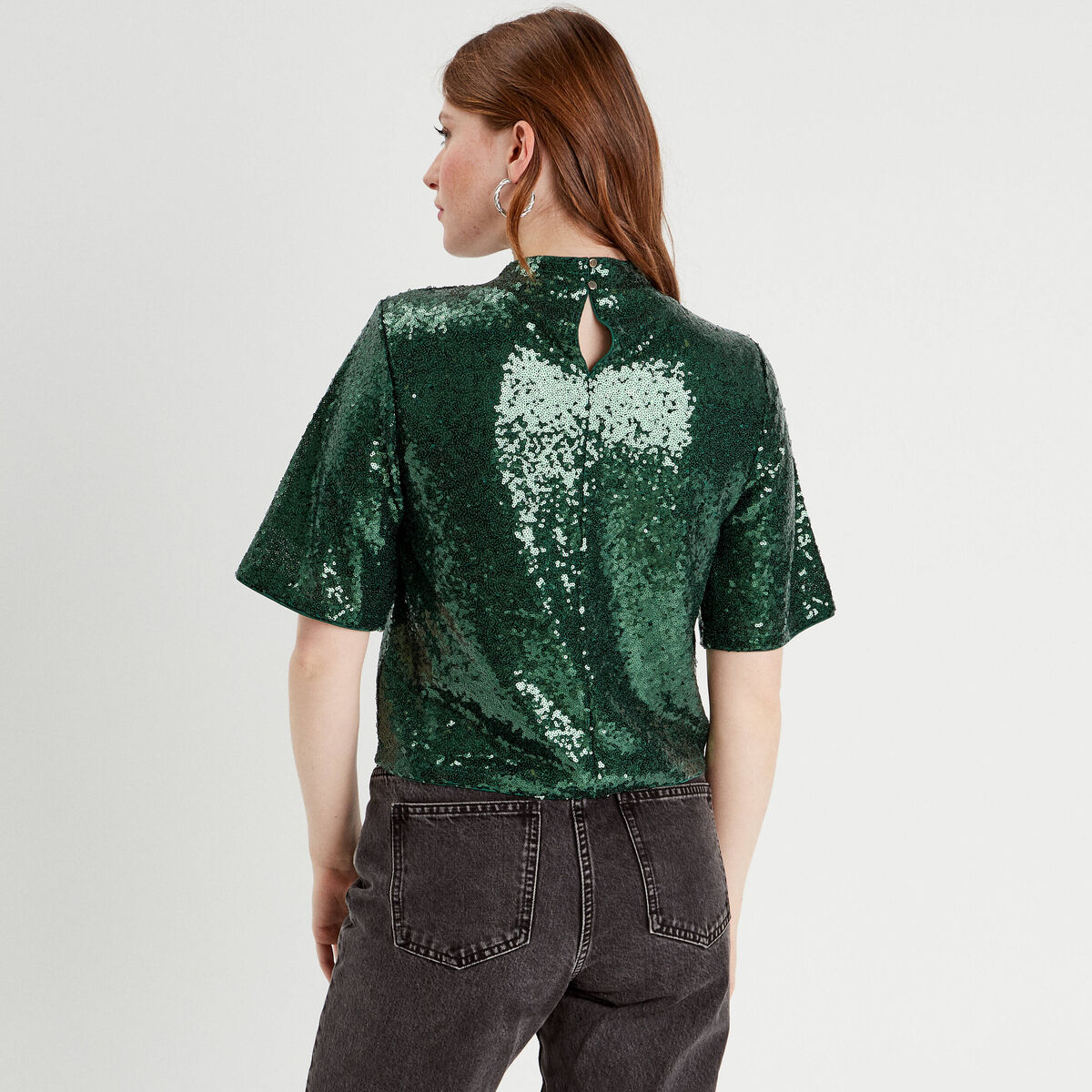 T-shirt sequins col montant vert foncé femme