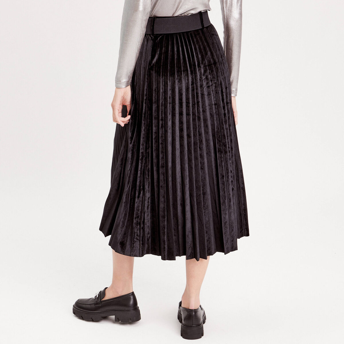 Jupe longue plissée velours noir femme