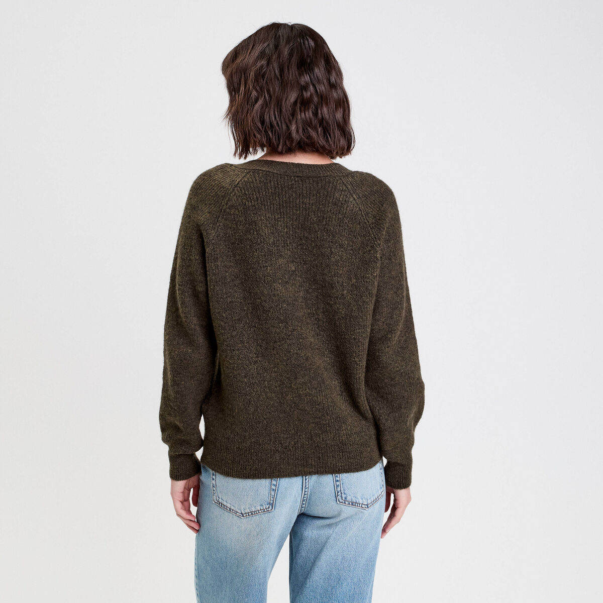 Pull avec col en V vert kaki femme