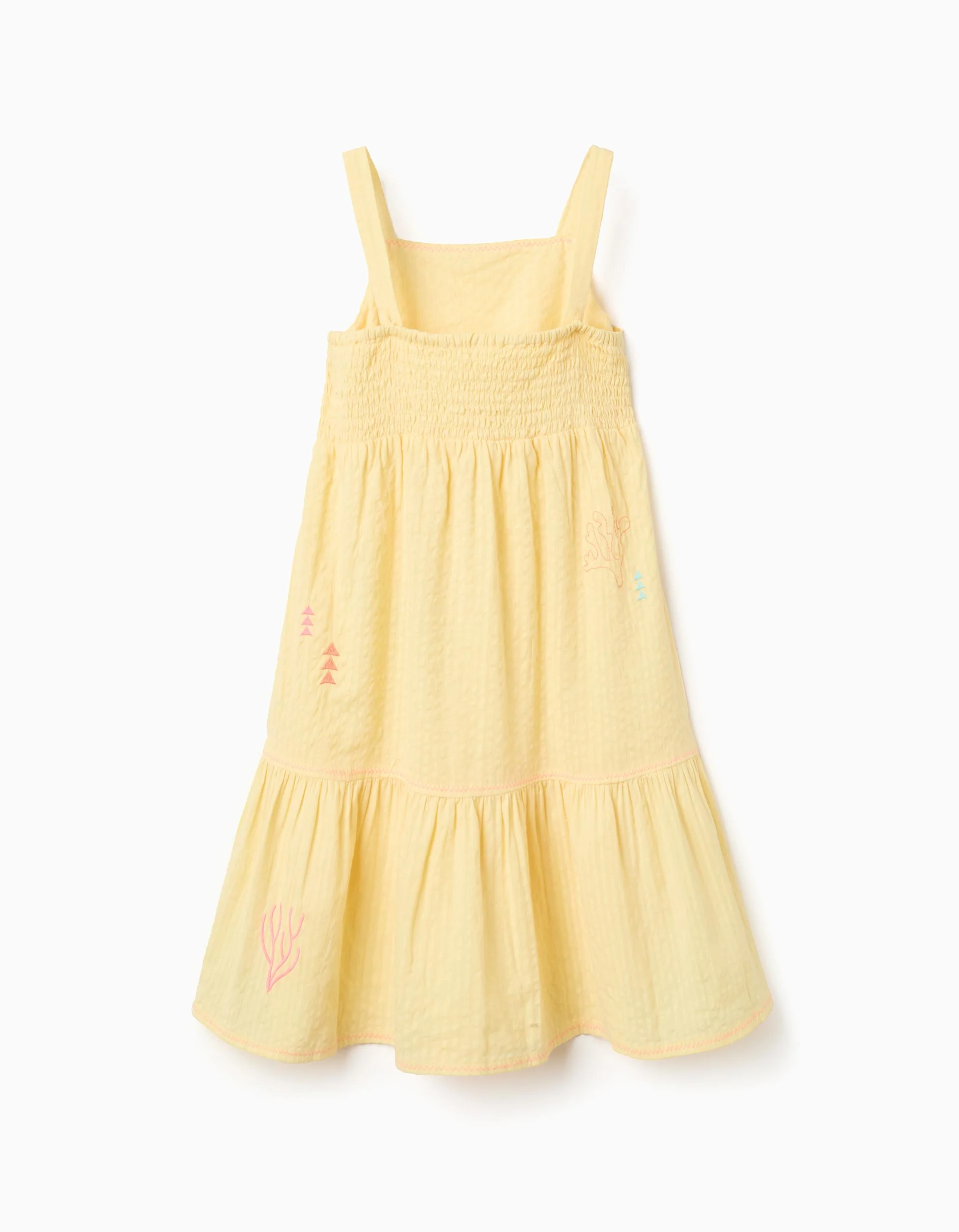 Sleeveless cotton dress with embroidered seaweed for girls, yellow