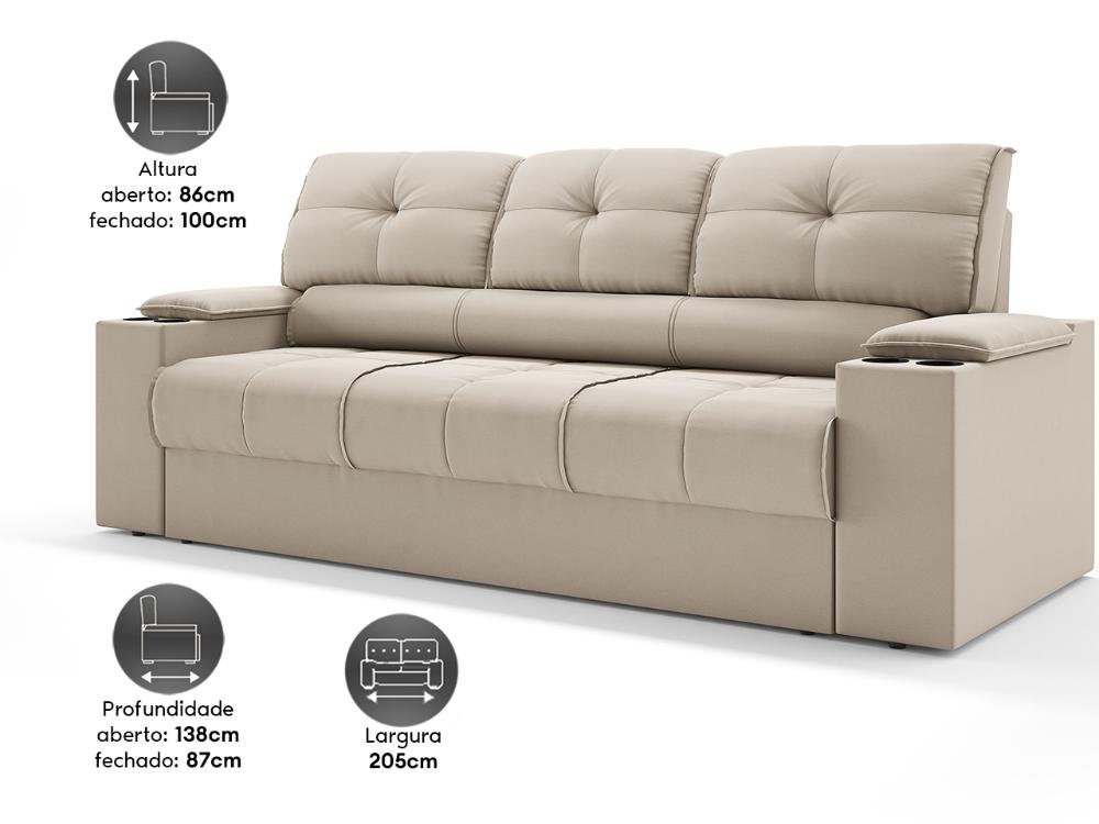 Sofá com Porta Copos Retrátil e Reclinável Tom 2,05m Velosuede - Netsofas - Bege