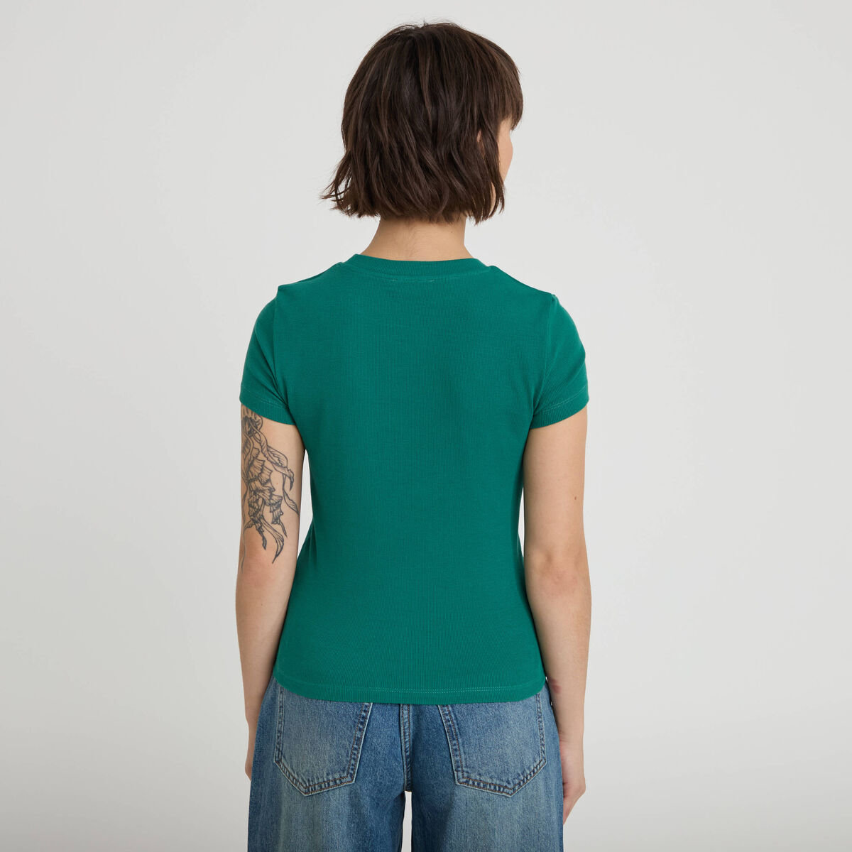 T-shirt manches courtes côtelé vert émeraude femme