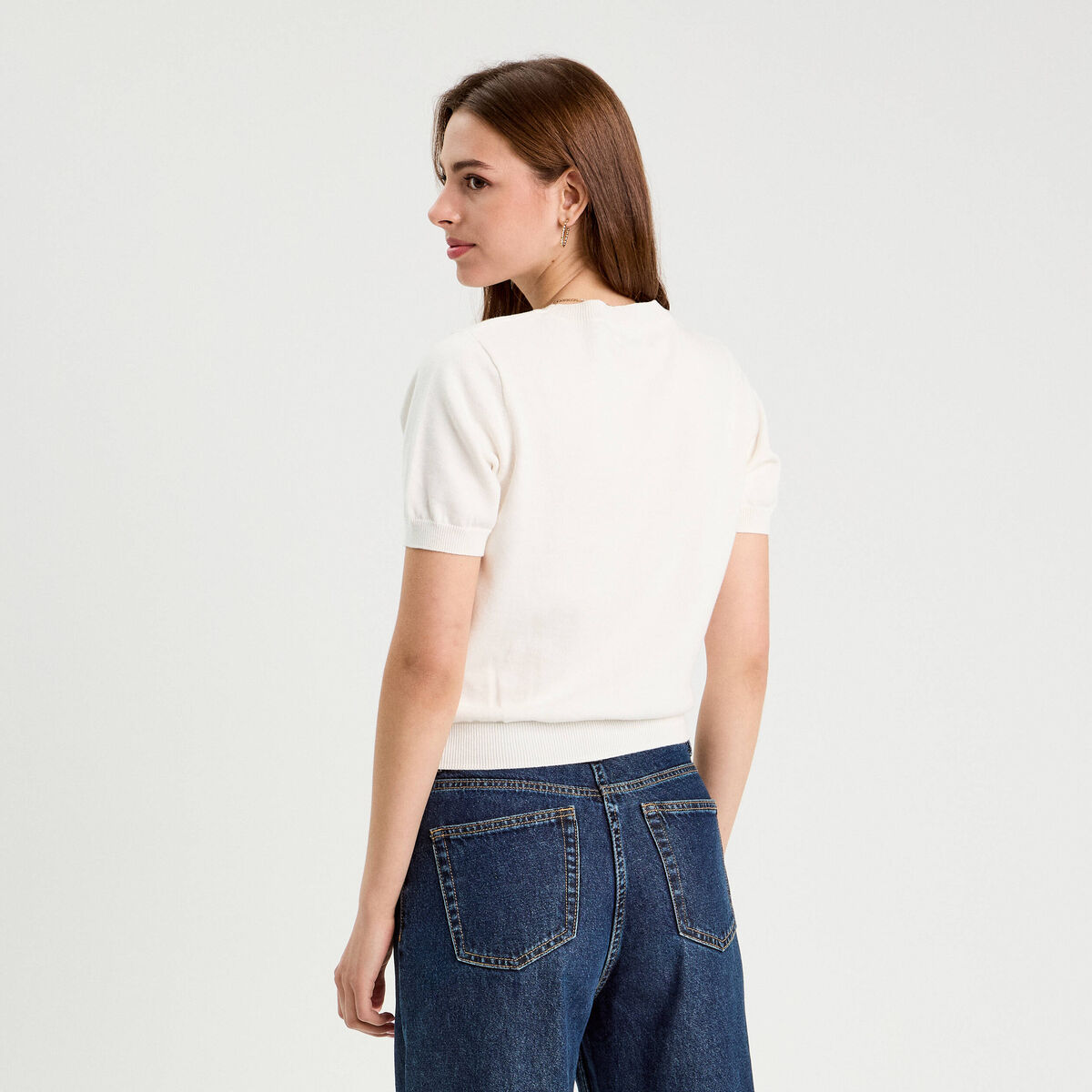 Pull manches courtes patchs ecru femme