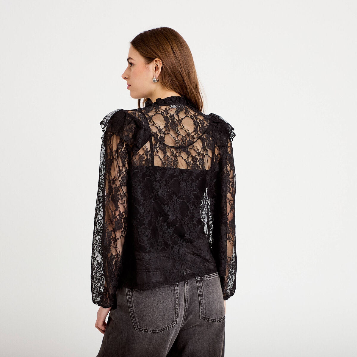 Blouse col rond manches longues dentelle noir femme