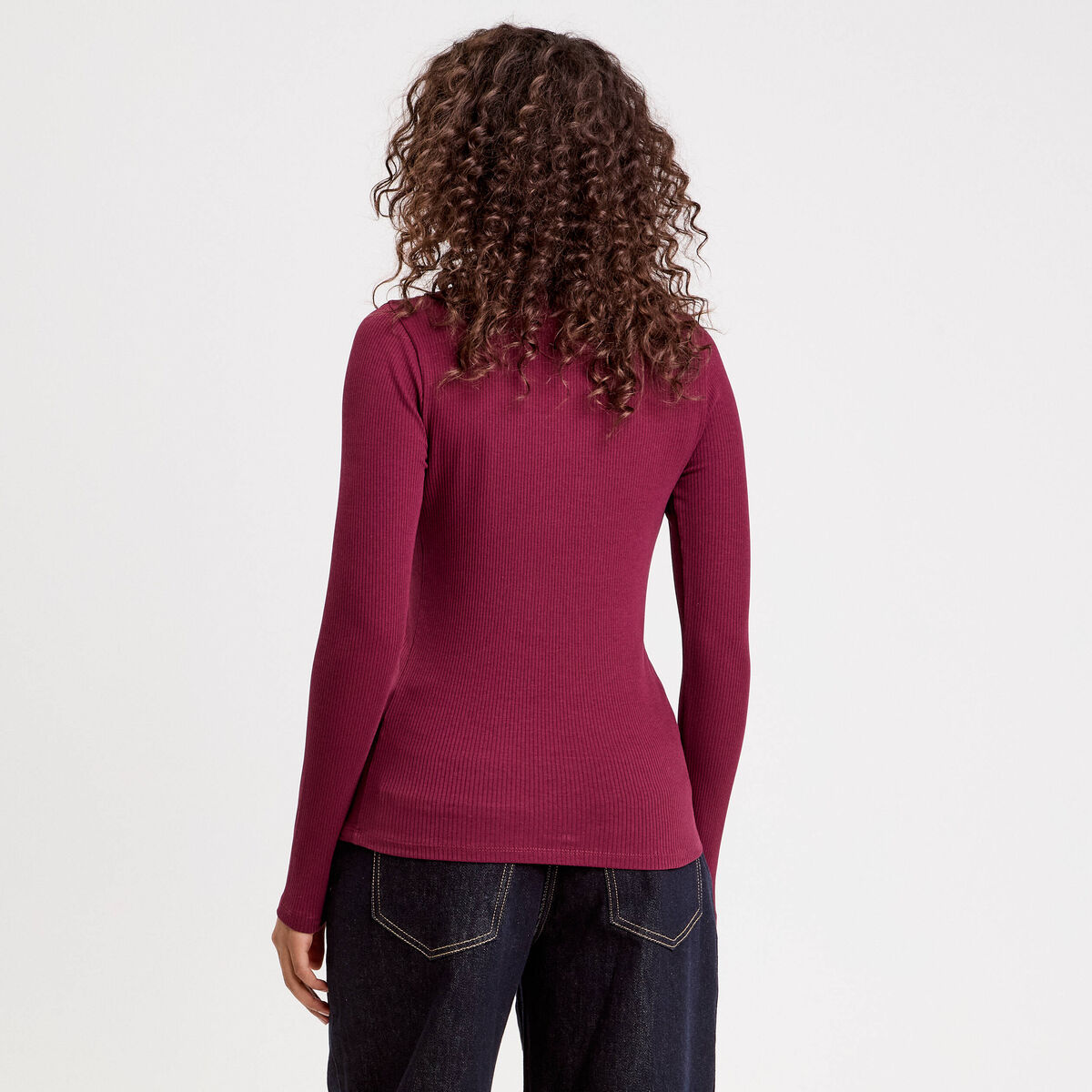 T-shirt manches longues côtelé bordeaux femme