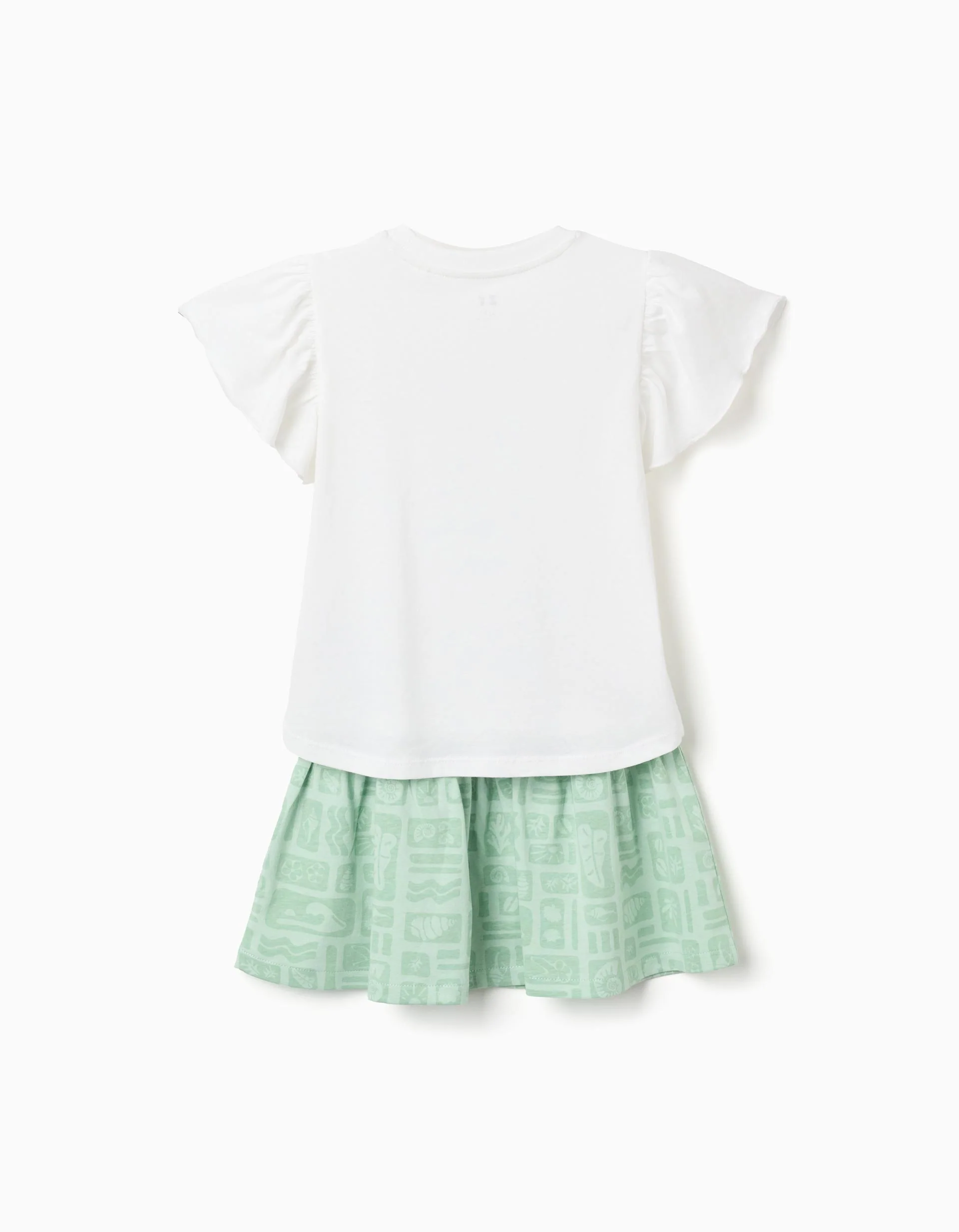 Cotton T-shirt + skirt with beach motif for girls, white/green