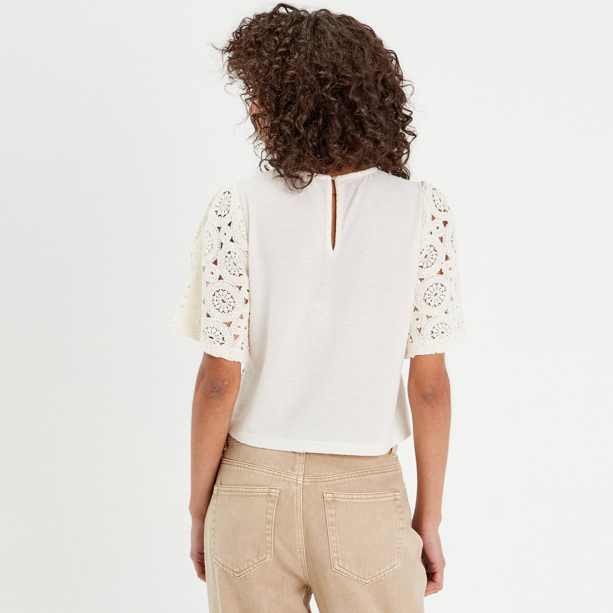 T-shirt macramé col rond ecru femme