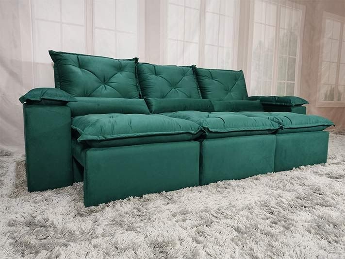 Sofá Retrátil e Reclinável 2,70m em Tecido Veludão C/pillow Nos Braços Athenas:verde/270cm
