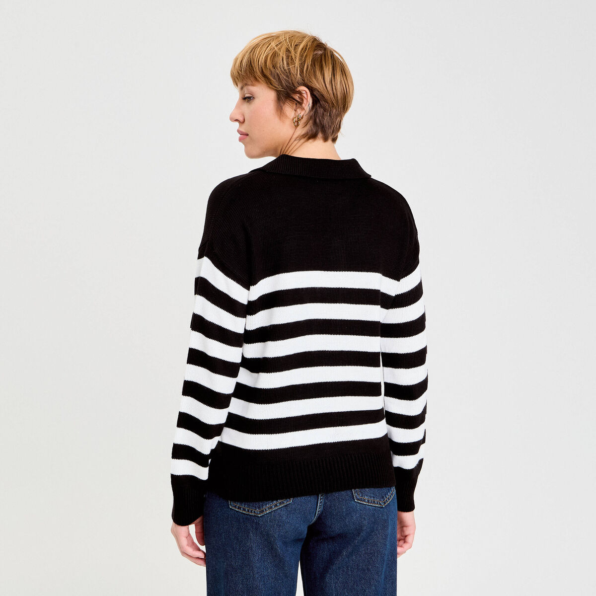 Pull col chemise manches longues noir femme