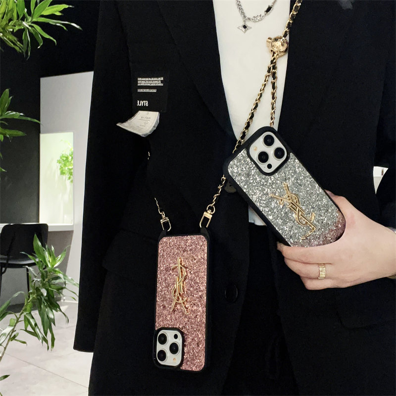サンローラン スマホケース キラキラ ysl iphone17/16proケース スマホショルダー かわいい iphone15/15plus ケース ブランド レディース iphone14/13ケース 肩掛け チェーン 付き