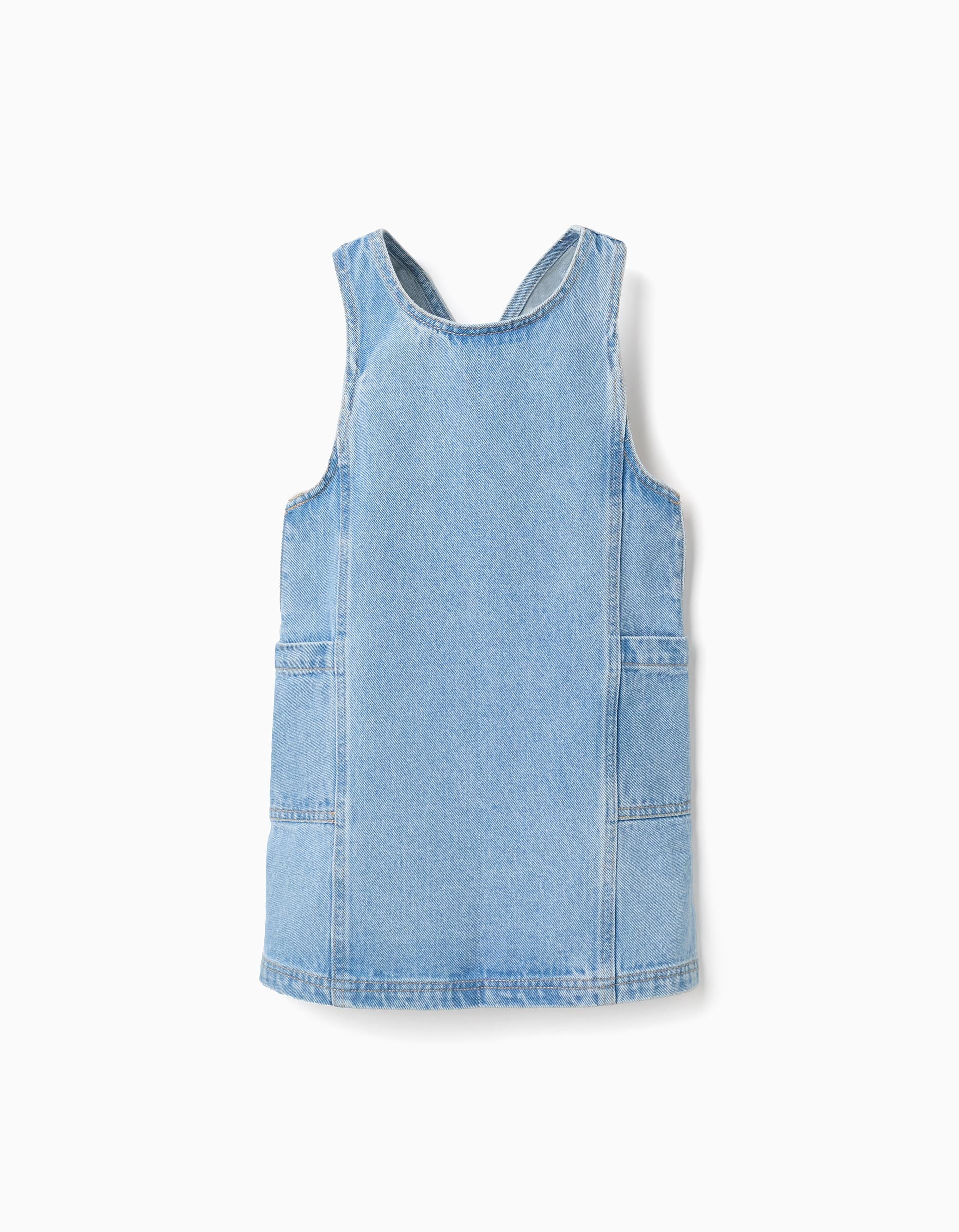 Denim pinafore dress with pockets for girls, light blue