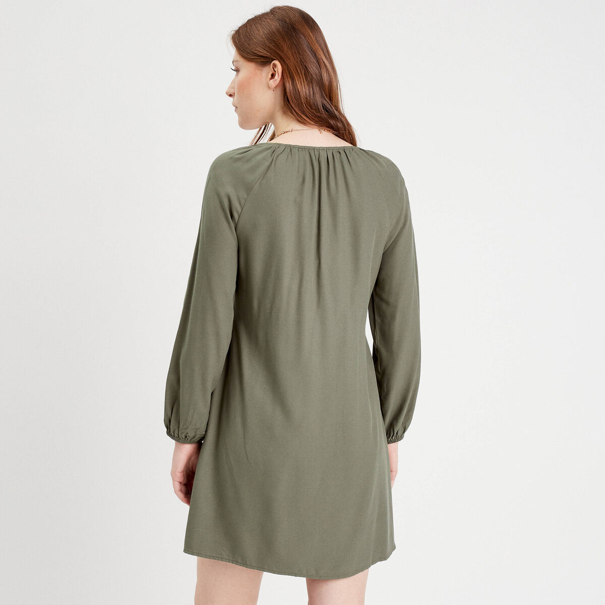 Robe évasée manches longues vert kaki femme