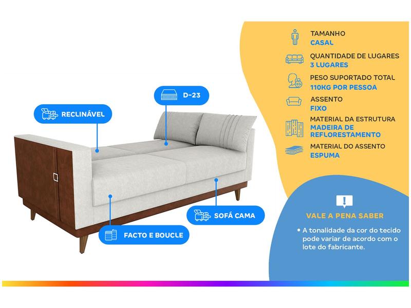 Sofá-cama 3 Lugares Casal Reclinável Facto e Linho Matrix Esther