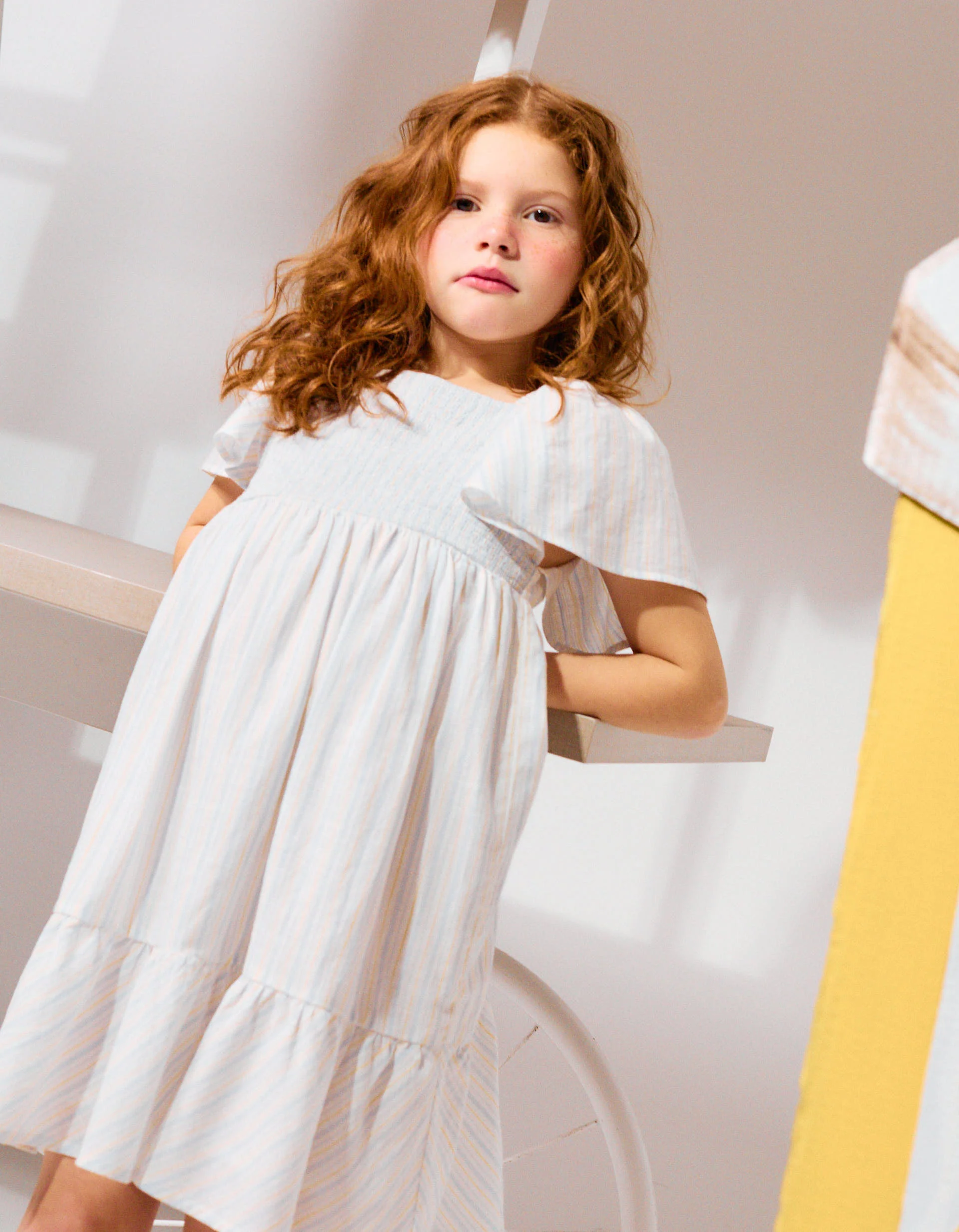 Striped cotton dress with lining B&S for girls, white/yellow/blue