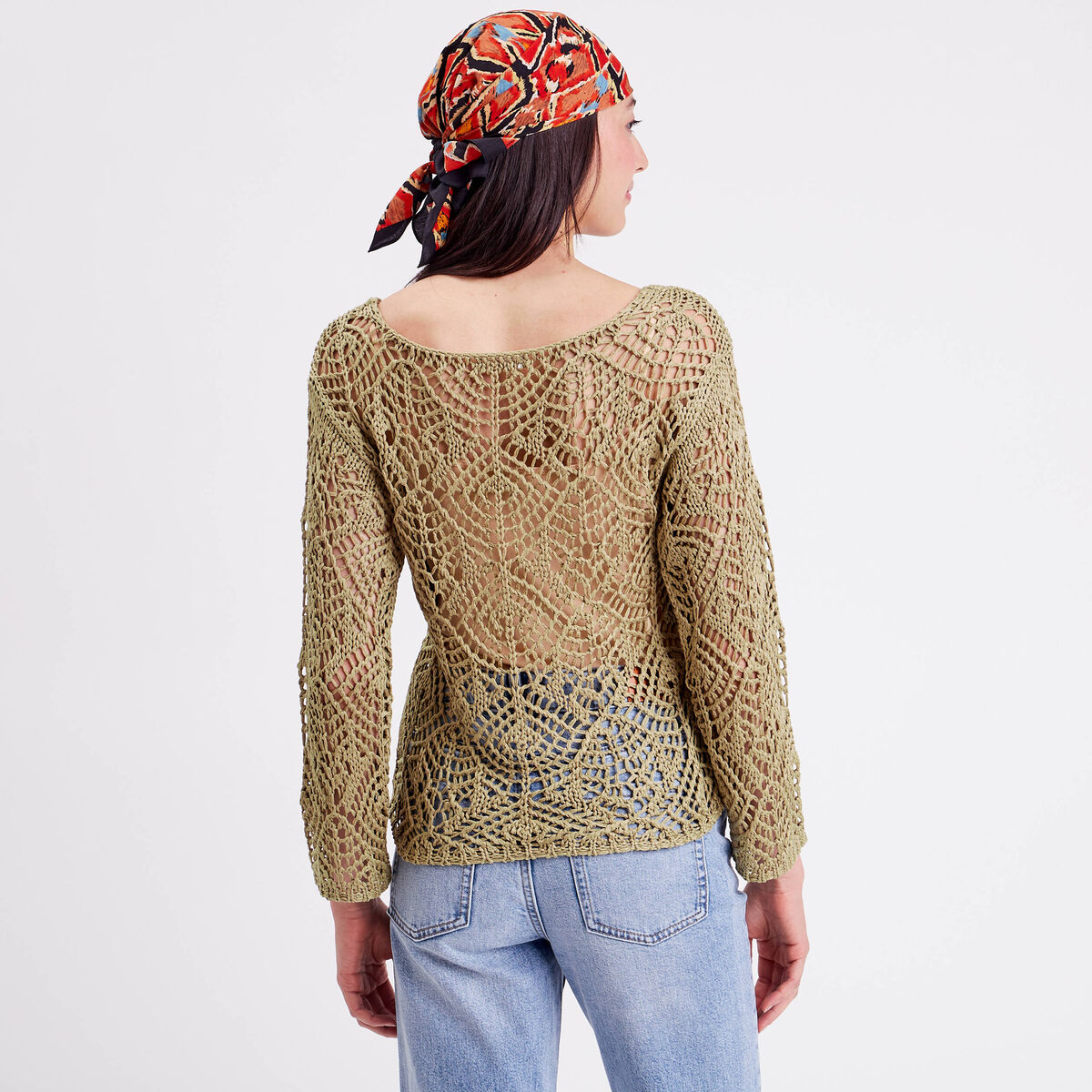 Pull crochet manches longues vert kaki femme