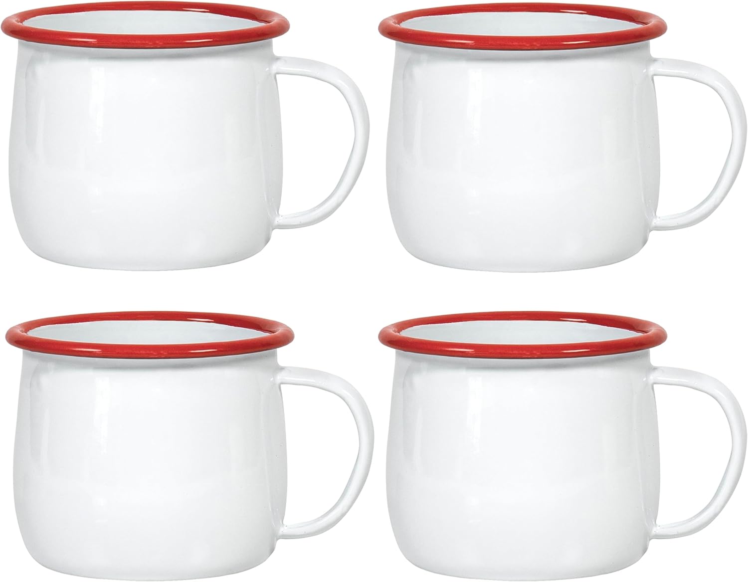 Set of 4 Enamelware Metal 12 Oz Round Camping Mugs with Handle  Solid White/Red Rim