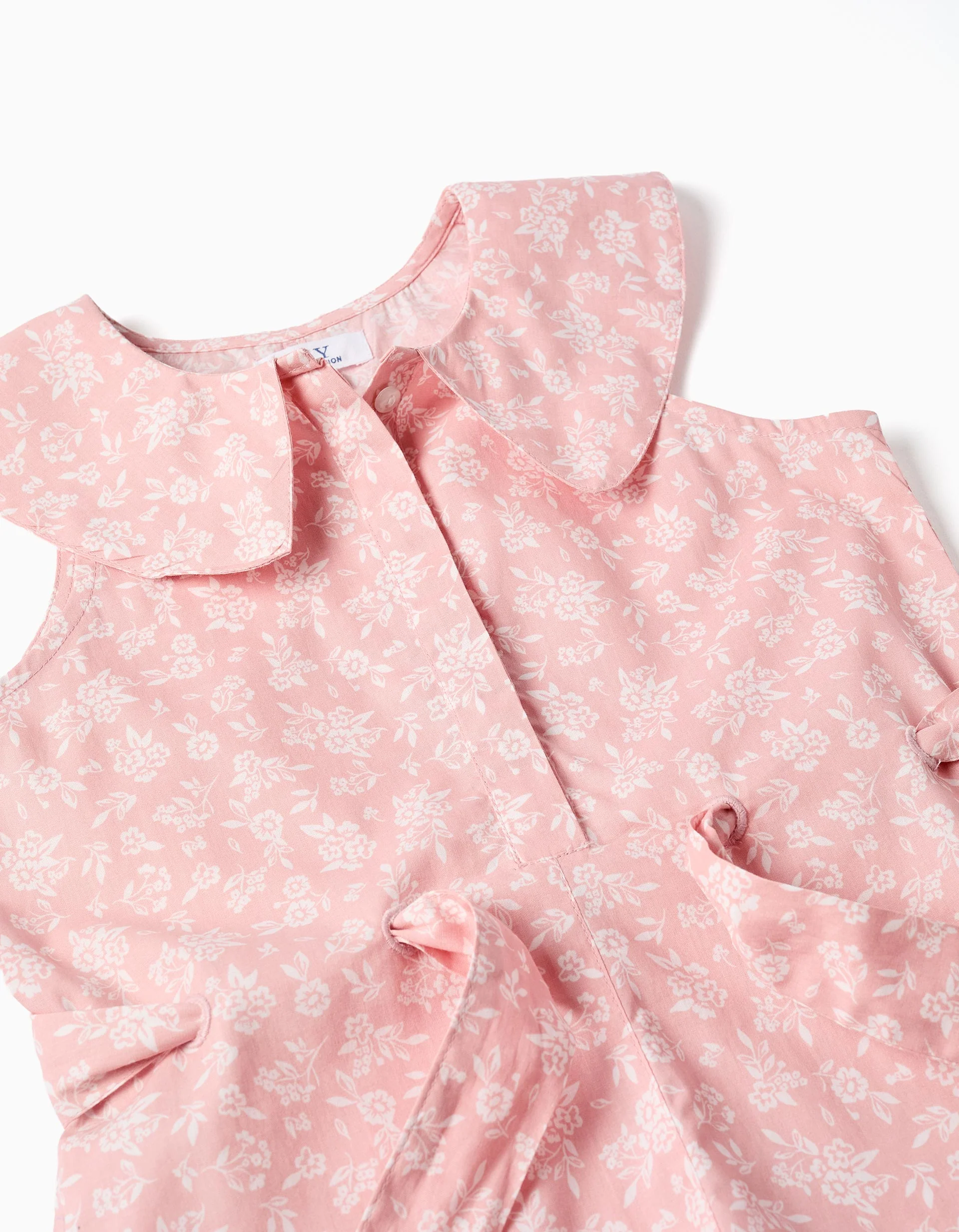 Poplin playsuit with floral pattern and belt for girls, light pink