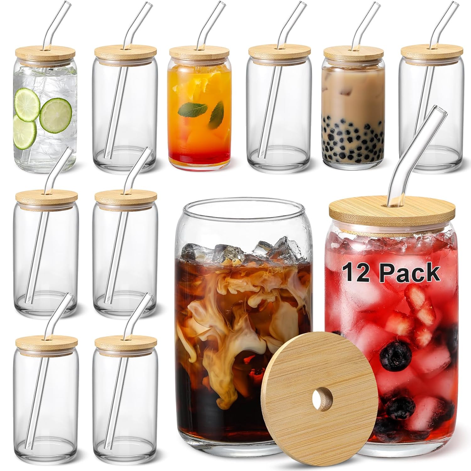 12pcs Set ] Glass Cups with Bamboo Lids and Glass Straw - Beer Shaped Drinking Glasses  16 oz Iced Coffee Glasses  Cute Tumbler Cup for Smoothie  Boba Tea  Whiskey  Water - 4 Cleaning Brushes