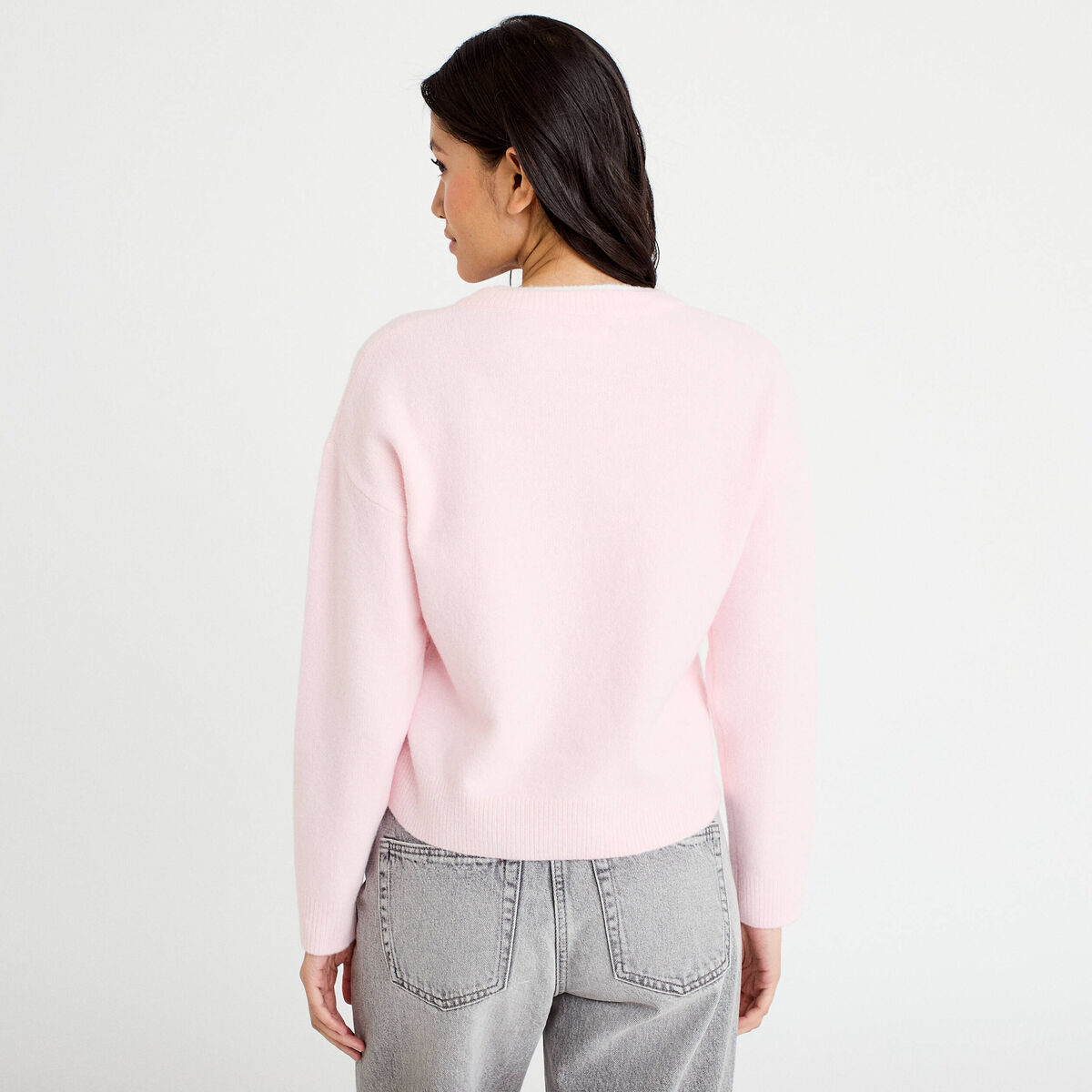 Pull col rond manches longues rose clair femme