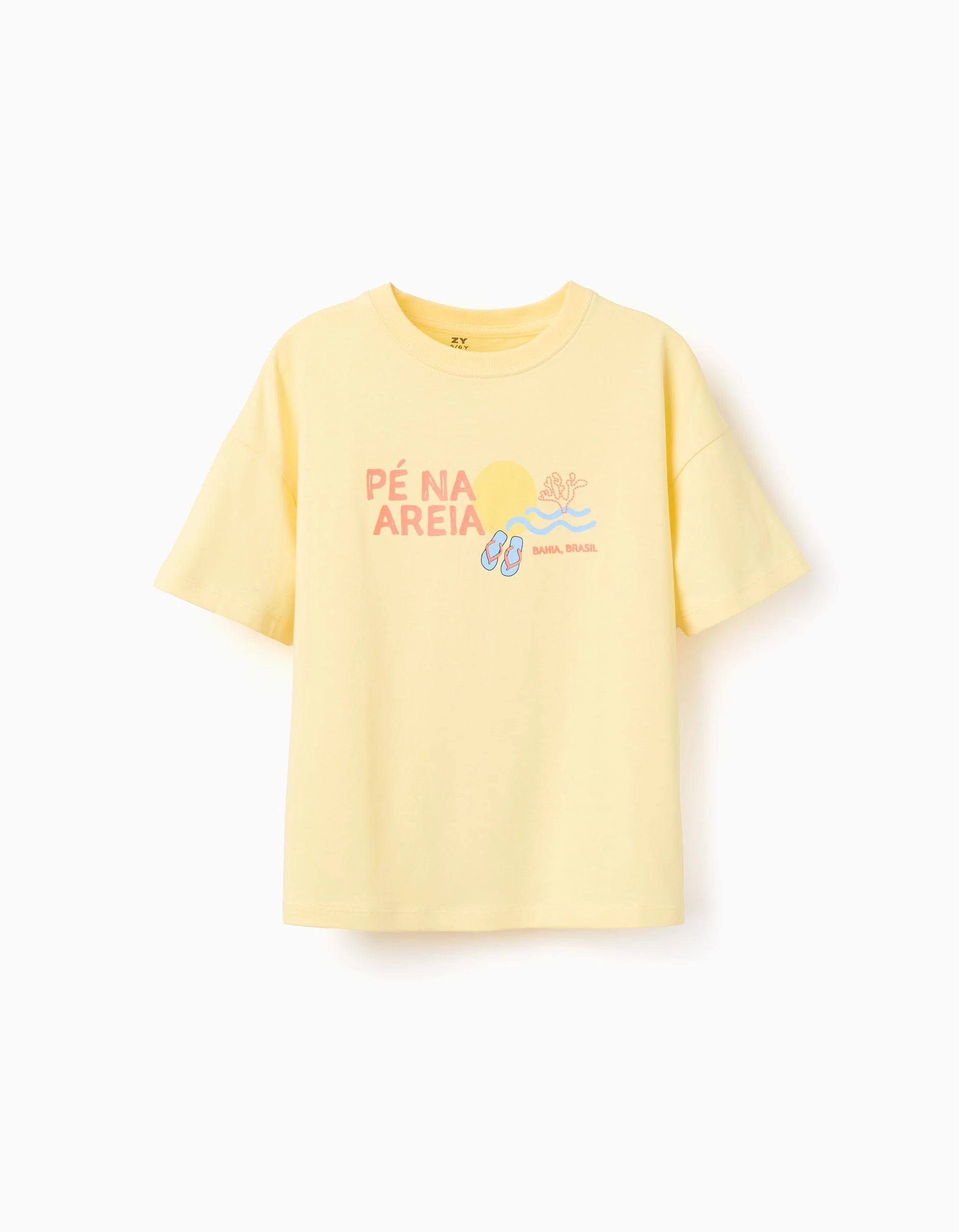 Cotton T-shirt with Pé na Areia print for boys, yellow