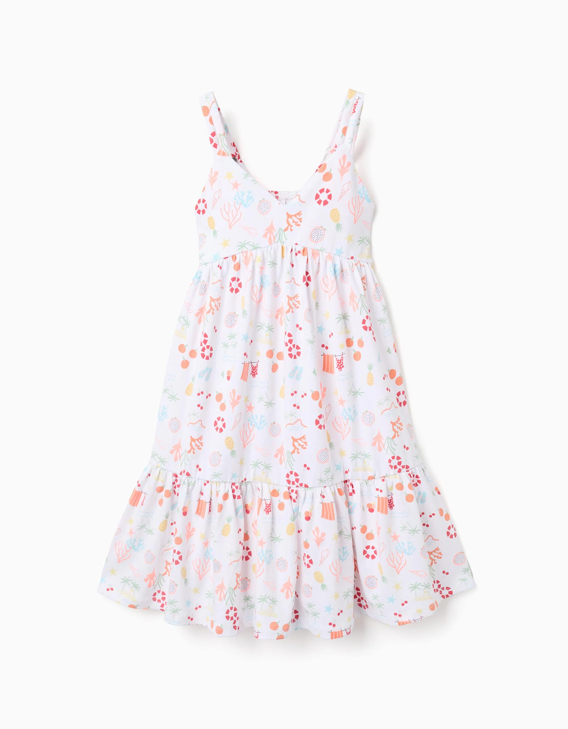 Sleeveless A-line cotton dress with beach motif for girls, white